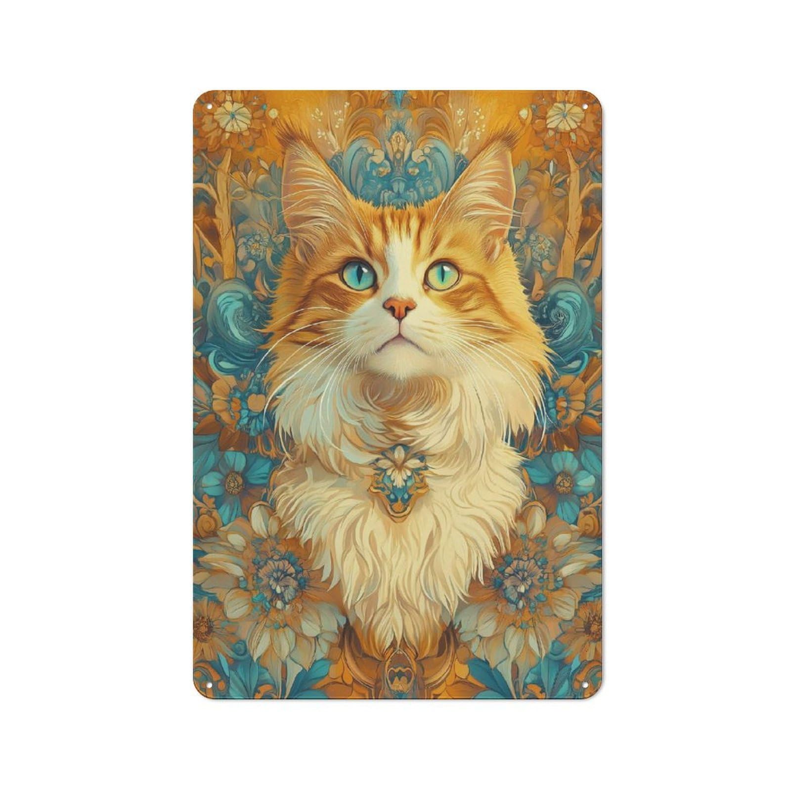 Junmoney Style-7 Metal Plaque 30X20cm With Orange Tabby Cat With Floral Background For Pub Or Café, Vintage Decor, For Metal Sign Collectors, For Vintage Wall Decor Fans