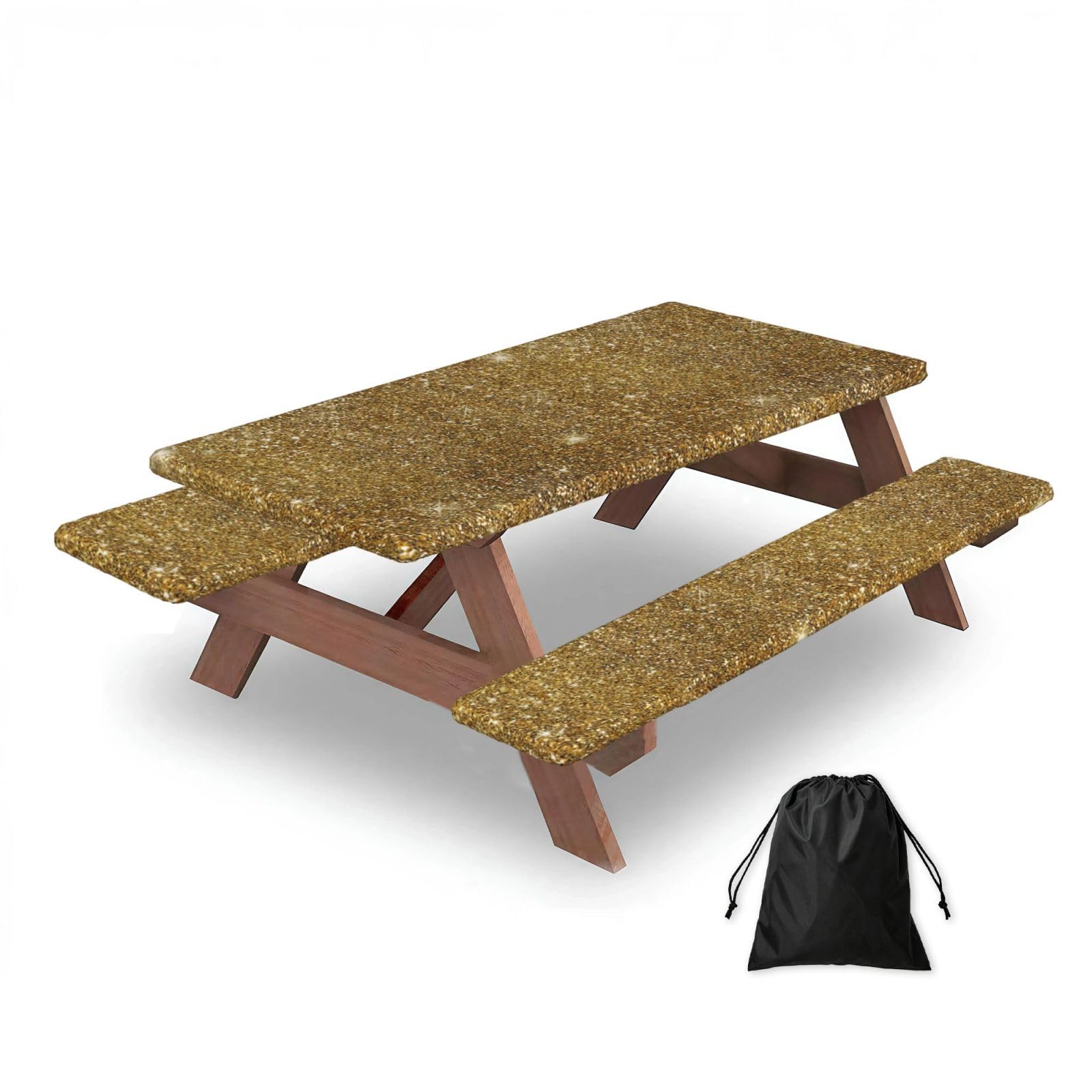 Dopklna As Picture Gold Glitter Sparkle Glittery Sparkly, Picnic Table Cover With Bench Covers -Waterproof Elastic Fitted Tablecloth For Garden Camping Patio 76X152cm