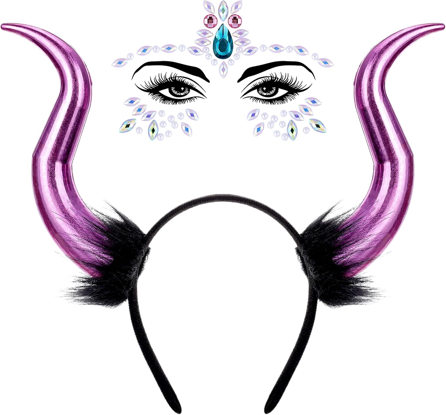 Devil Horns Accesories Set - 2 Pcs Demonic Horns Headband with Face Jewels for Halloween Devil Costume Women Cosplay Purple