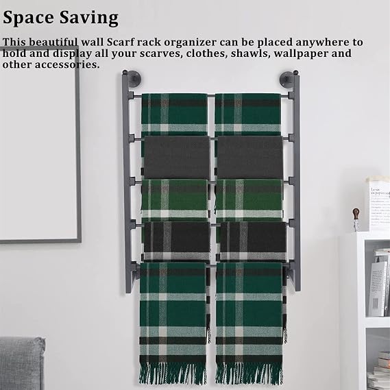 Wall Mounted Metal Scarf Rack Stand, Modern 5 Tier Hijab Holder Organizer with Removable Crossbar, Clothing Store/House, Space Saver, 60/70/80Cm Wide,Black-80x75cm