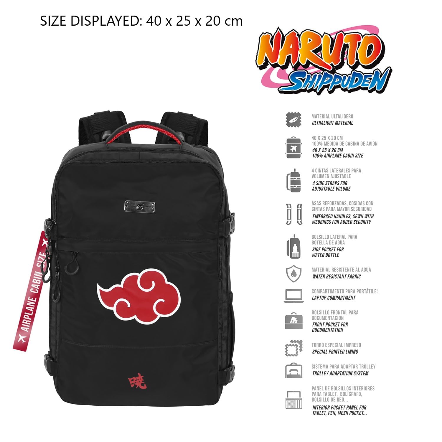 Naruto Clouds-Mochila Mercury Viaje Cabina Avión 40x20x25cm, Negro, Capacidad 20 L