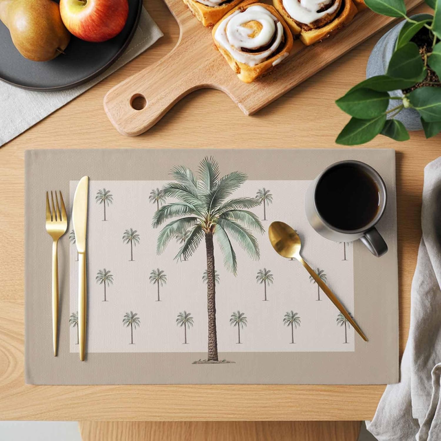 Placemats Set of 6 Dinner Cotton Linen Burlap Heat Resistant Table Mats Tropical Beach Palm Tree Washable Non-Slip Insulation Placemat for Banquet Kitchen Dining Table Decor 13 x 19 Inch