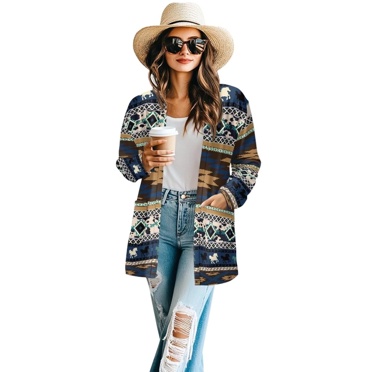 Women Open Front Ethnic Style Aztec Cardigan Tribal Aztec Printed Long Sleeve Casual Loose Coat