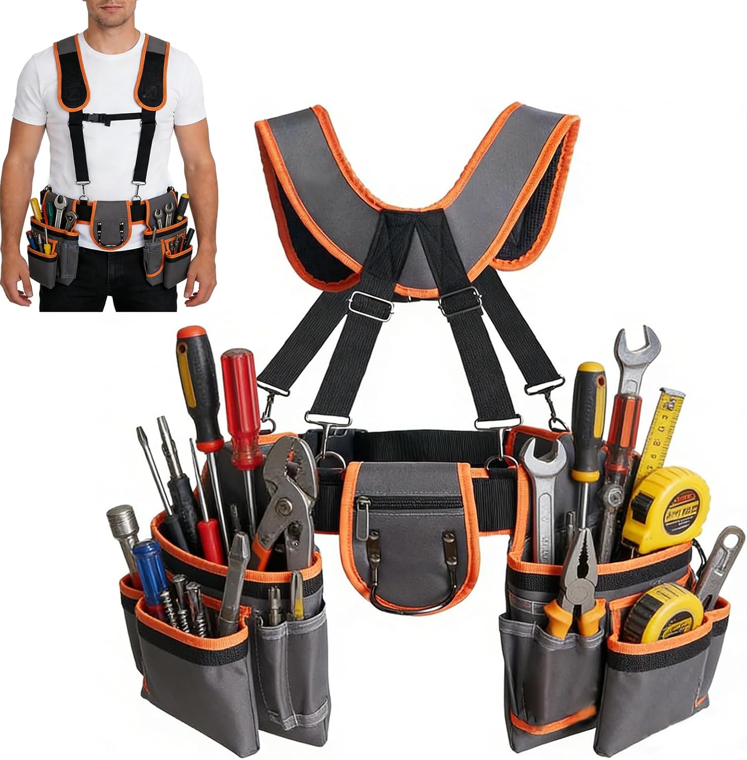 Tool Belt With Suspenders, Heavy Duty Detachable Tool Belts for Men with 18 Pockets, Tool Belt with Adjustable 27 to 66 Inches Detachable Waist for Electricians, Carpenters, Framers, Grey-Orange