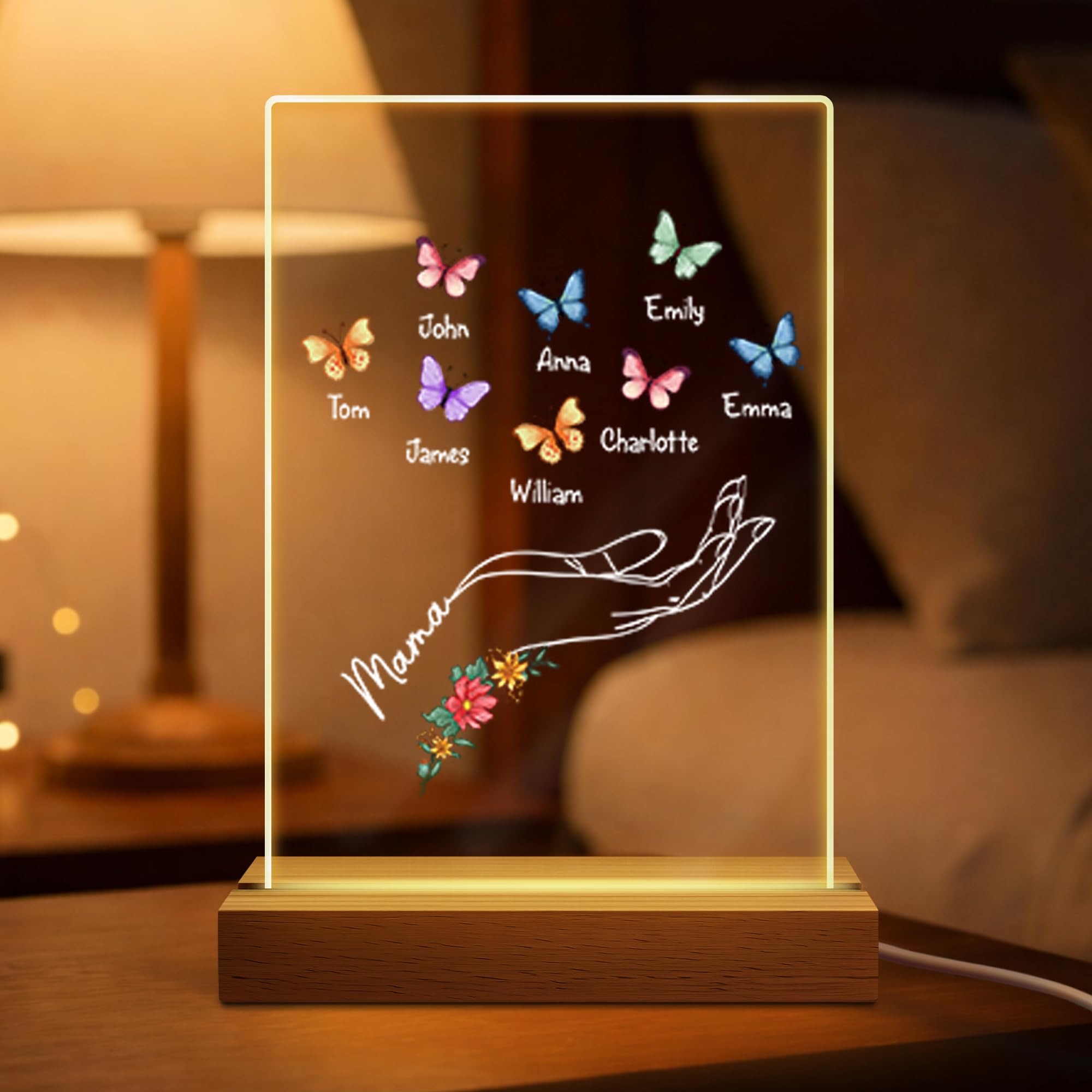 Personal Chic Custom Name Night Light -Acrylic Lamp with Butterfly, Personalised Mothers Day Gifts, Unique Personalised Gifts for Mum and Grandma (8 Kids)