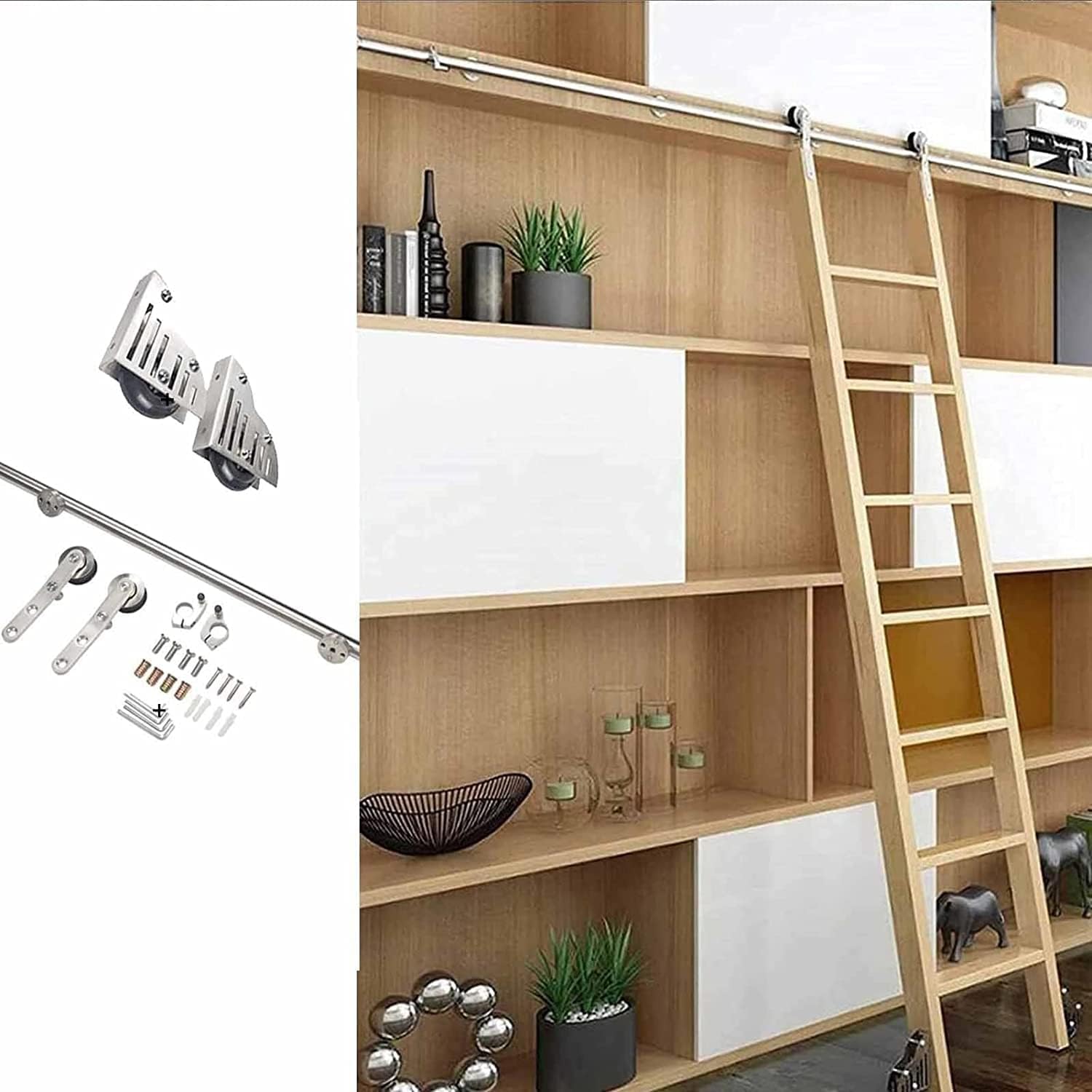 Sliding Ladder Hardware Full Set Library Rolling Ladder Track Kit, A Complete Set of Accessories for Stainless Steel Guide Rails, with Floor Rollers, for LOFT/Study/Bedroom Ladder Rail (Colo