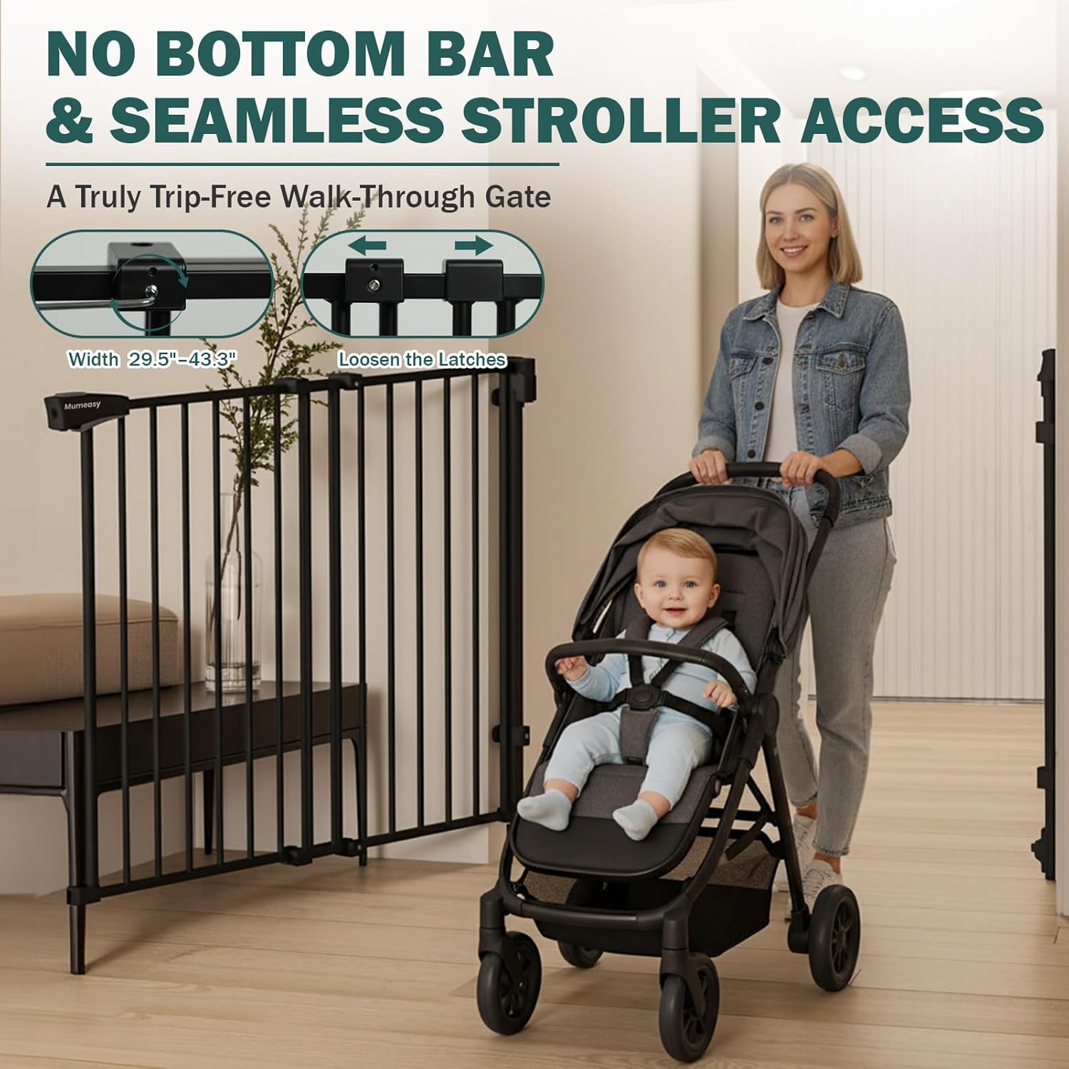 Mumeasy 29.5-43.3" Baby Gate for Stairs, No Bottom Bar Dog Gate with Removable Door & Slide-Adjust Drill Mount, Extra Wide Stairway & Hallway Walk Thru Pet Safety Gate for Doorways, Kitchen (Black)