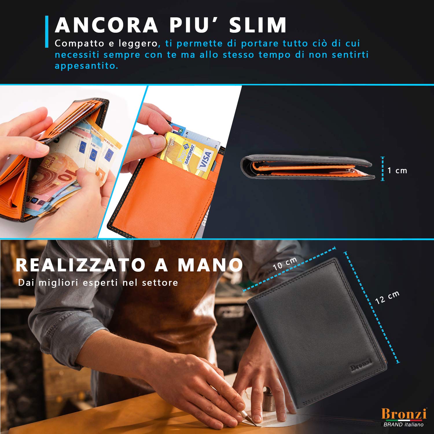 Bronzi Portafoglio Uomo Slim Sottile Elegante - Mini Porta Tessere Porta Documenti Porta Carte Di Credito Blocco RFID - Nero Pelle Alta Qualità - Design Italiano - I Regalo