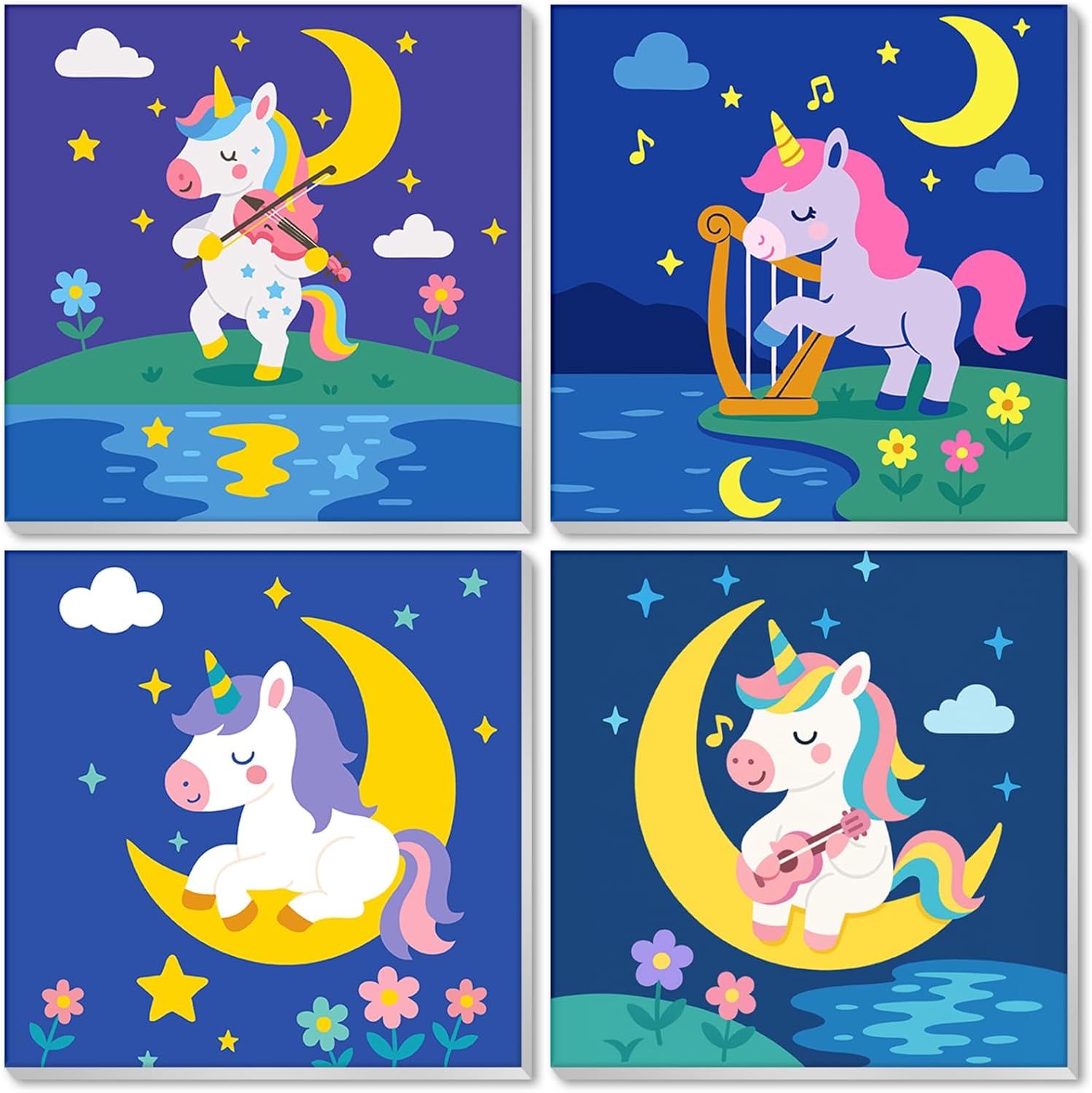 Nariolar 4 Pack Paint by Numbers Kit for Kids Ages 4-8 with 8X8 inch Pre-Printed Canvas,Acrylic Paint Pots and 6 Painting Brushes，Creative Gifts for Kids（Candy Unicorn