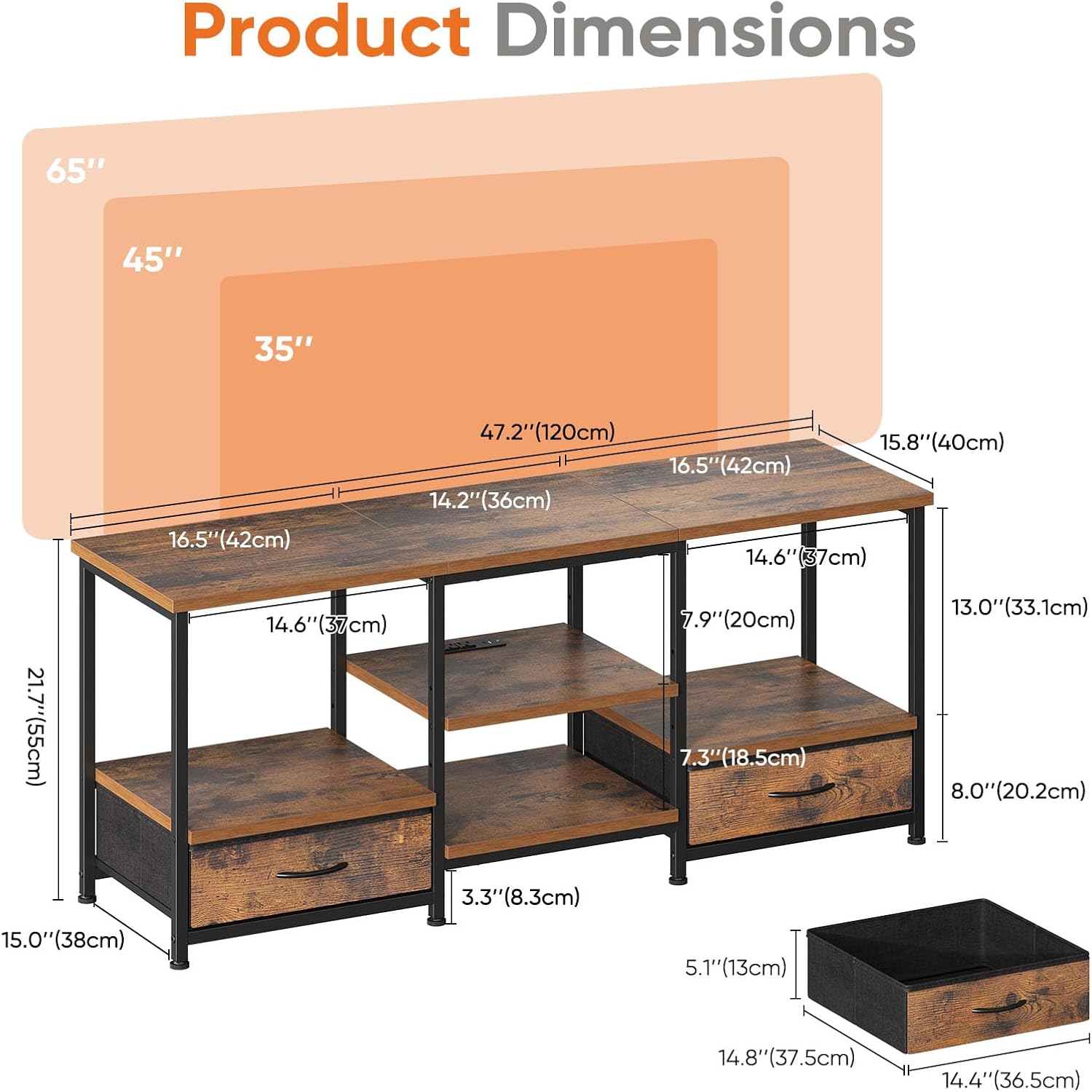 Sweetcrispy Entertainment Center with Stoage Wood TV Stand with Drawers for 65 Inch+ TVS, Television Stands for Living Room Media Console with Charging Station Drawers Shelf Sturdy Frame, 47'' Rustic