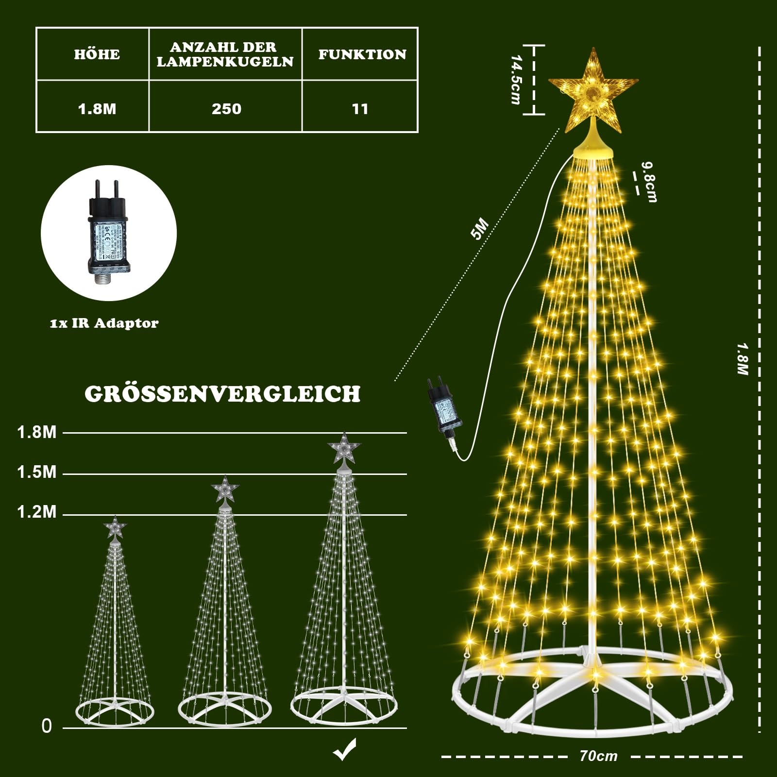 HELESIN Weihnachtsbaum Metall Groß Kegelform 250 LED Lichterbaum Timer Wasserdicht Weihnachtsbeleuchtung Außen, Lichterkette Weihnachten Beleuchtung für Garten Balkon Weihnachtsdeko Aussen Warmweiß