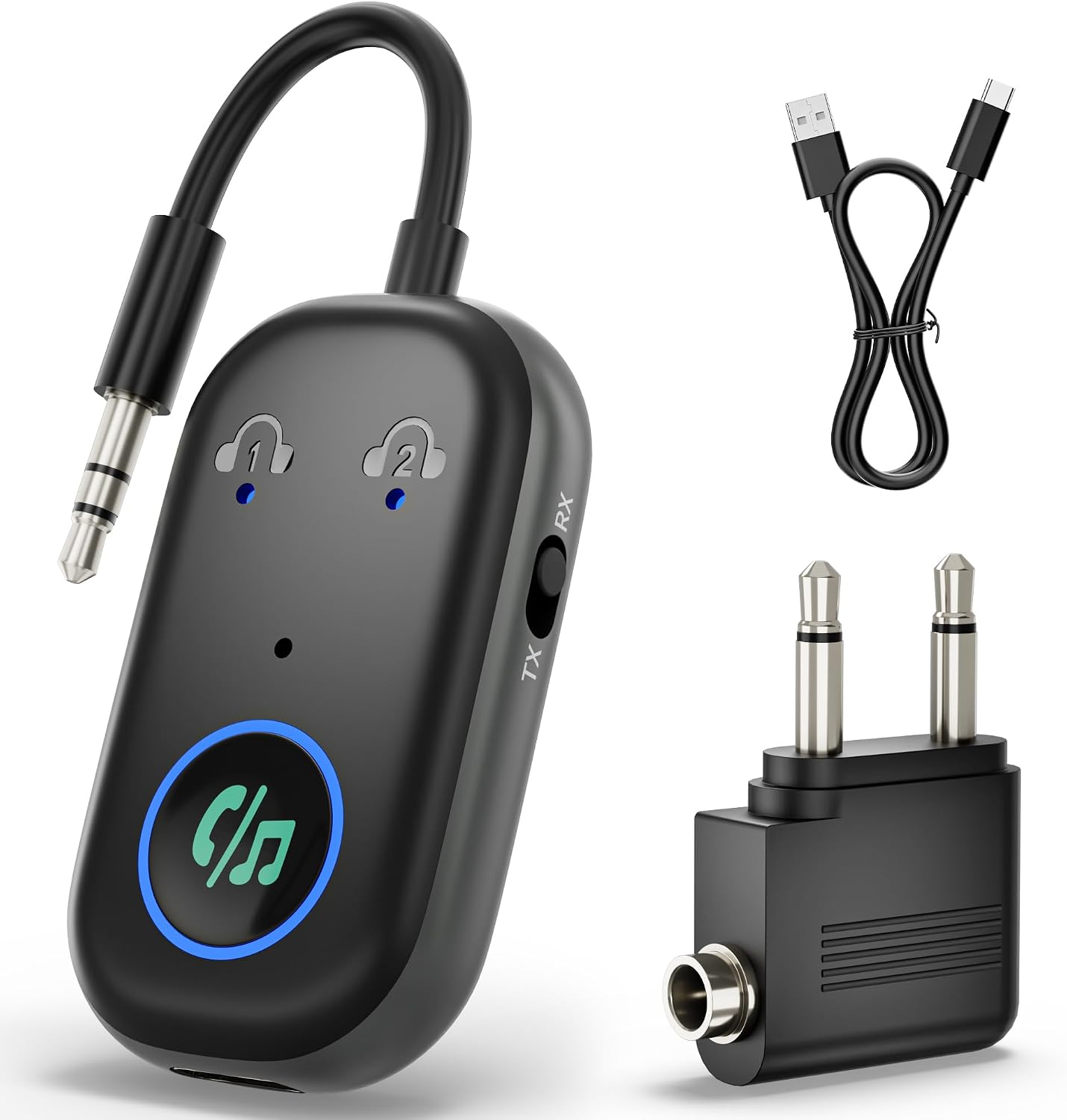 Blue-tooth Transmitter Receiver, 2-in-1 Blue-tooth 5.3 Transmitter Adapter Handsfree Call Music, Supports 2 Wireless Headphones, Audio Receiver for Airplane,TV,Home Stereo,Speakers,Car,Gym,Cell Phones