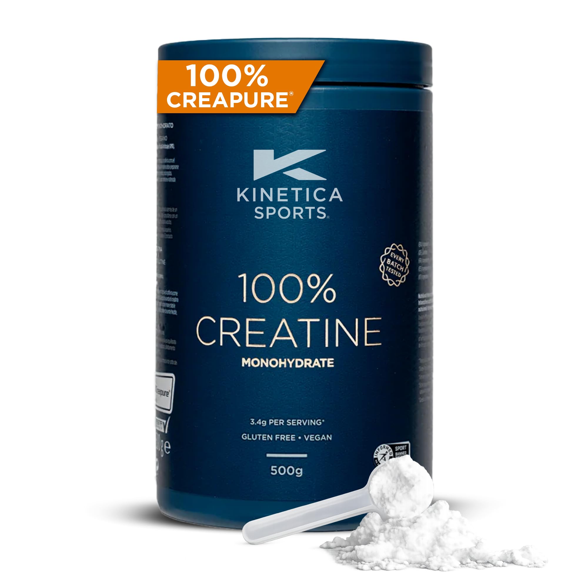 Kinetica Creatina in polvere 100%, 500 g, creatina monoidrato, 147 dosi, creatina in polvere per atleti, conforme ai criteri AMA, facilmente solubile, vegana, senza glutine.