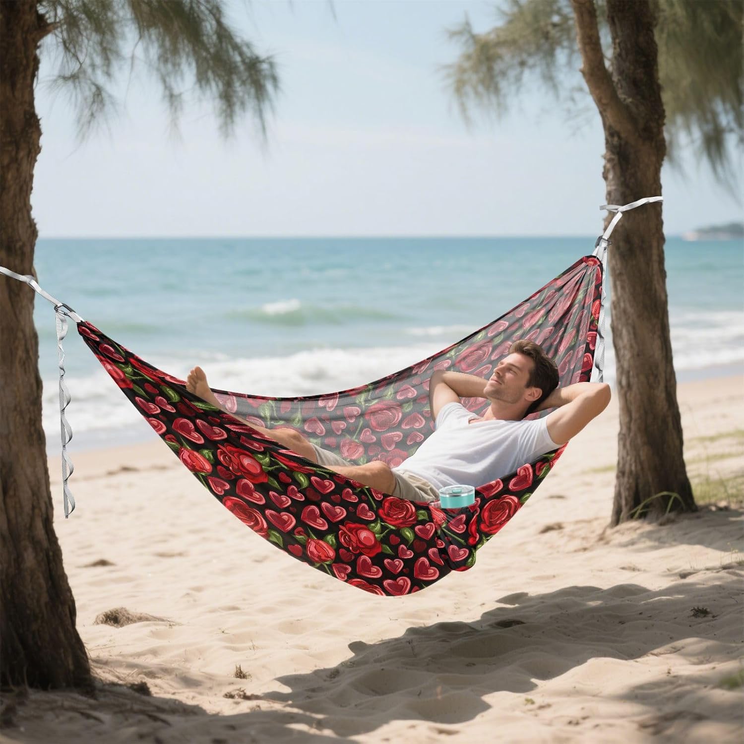 ALAZA Heart Red Rose Flower Camping Hammocks Single or 2 Person 500 lbs Portable Parachute Travel Hammock w/Tree Straps for Hiking Backpacking Indoor Outdoor