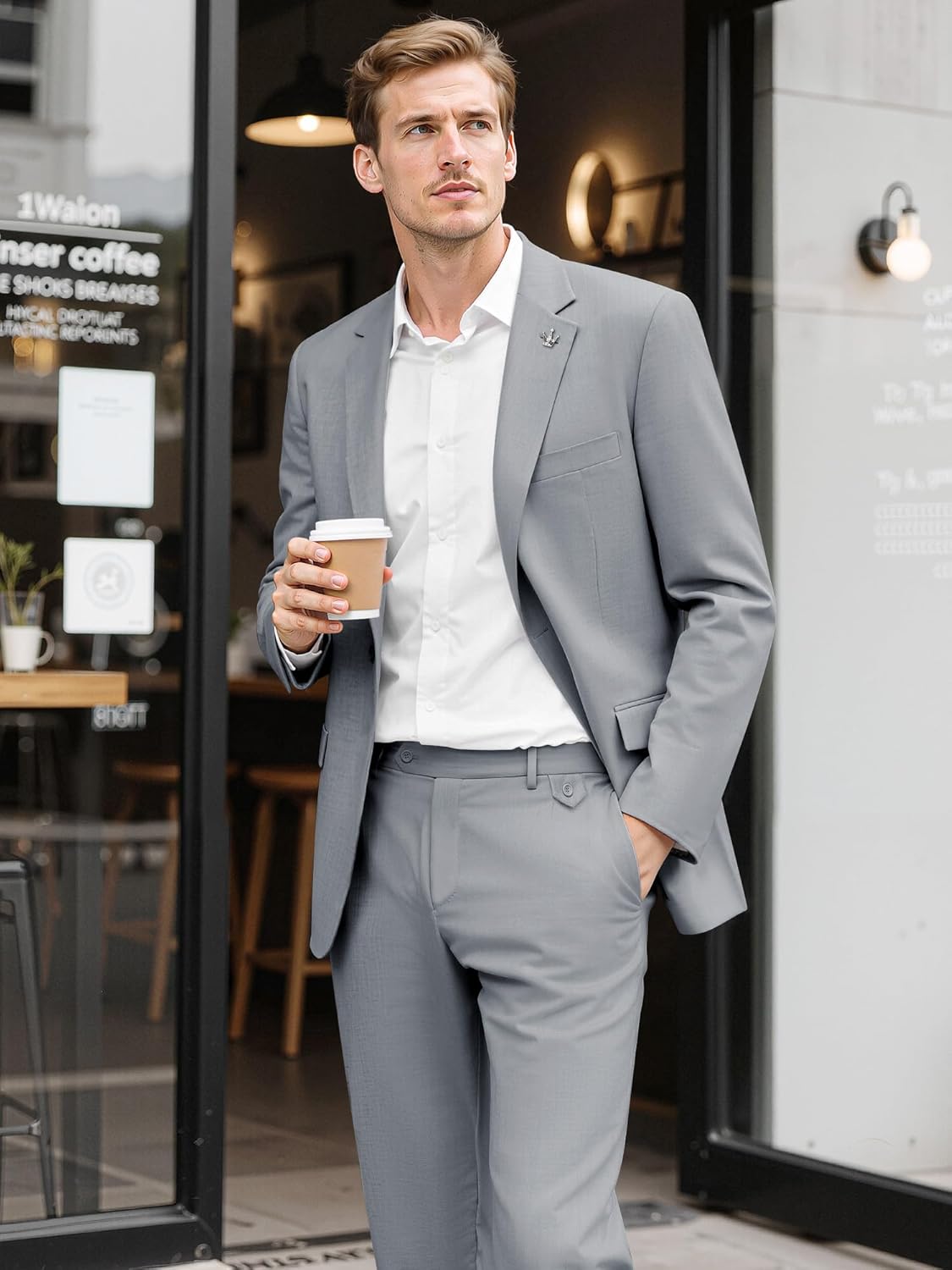 MAGE MALE Mens 2 Piece Suit Slim Fit Solid Wedding Prom Tuxedo Suit with One Button Notch Lapel Blazer and Pants - Image 3