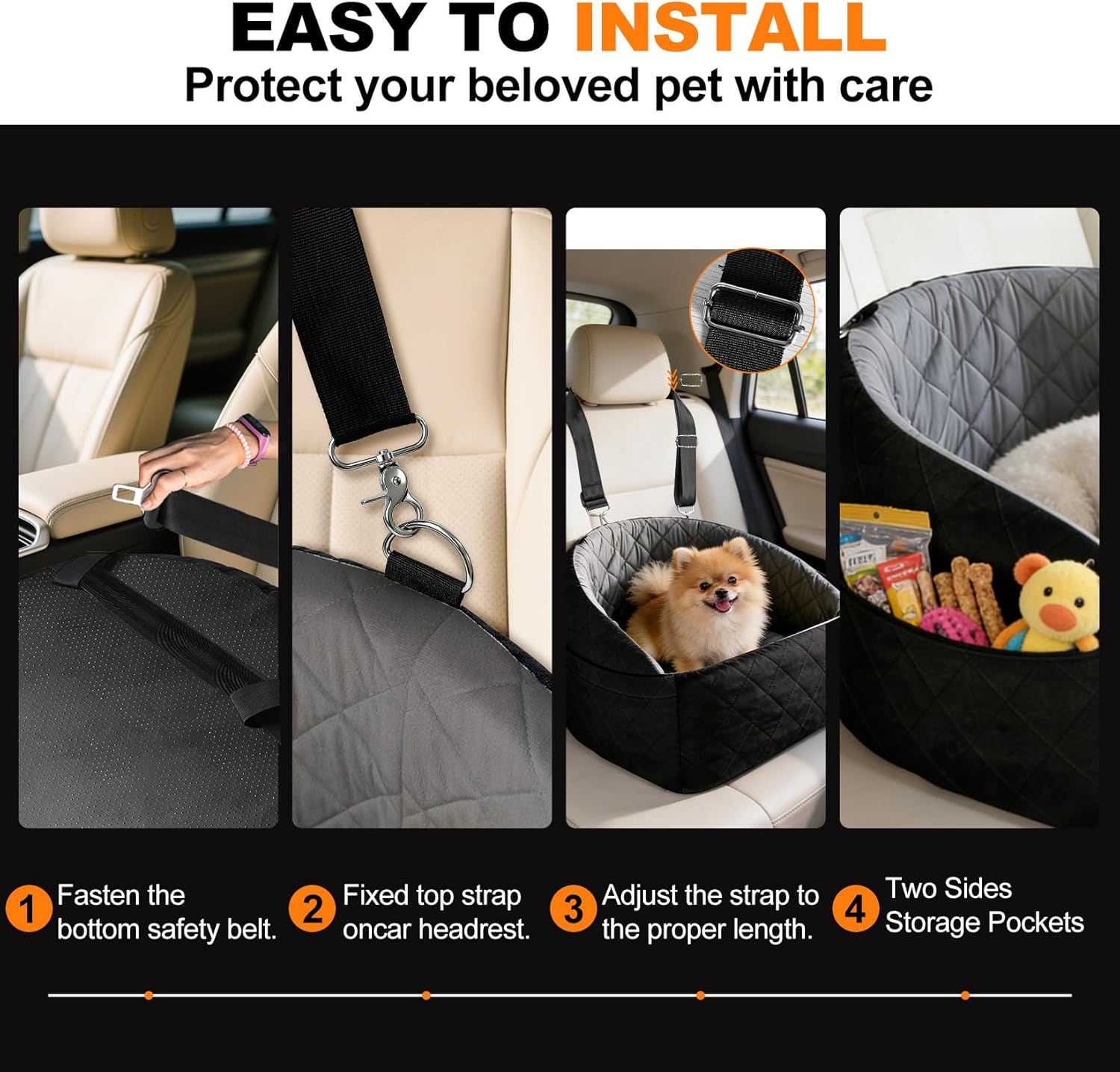 Dog Car Seat for Small Medium Dogs, Dog Booster Seat Travel Bed for Small Dogs up to 30 lbs, for Front/Back Seats – Washable Pet Car Seat with 2 Pockets (Black/Gray)