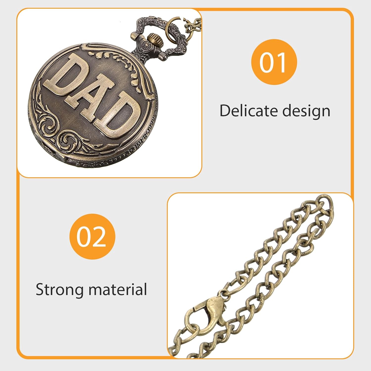 VANZACK Vintage Dad Pocket Watch with Chain Metal Retro Decorative Pocket Watch for Men and Elderly Flip Cover Suitable for Father’s Day