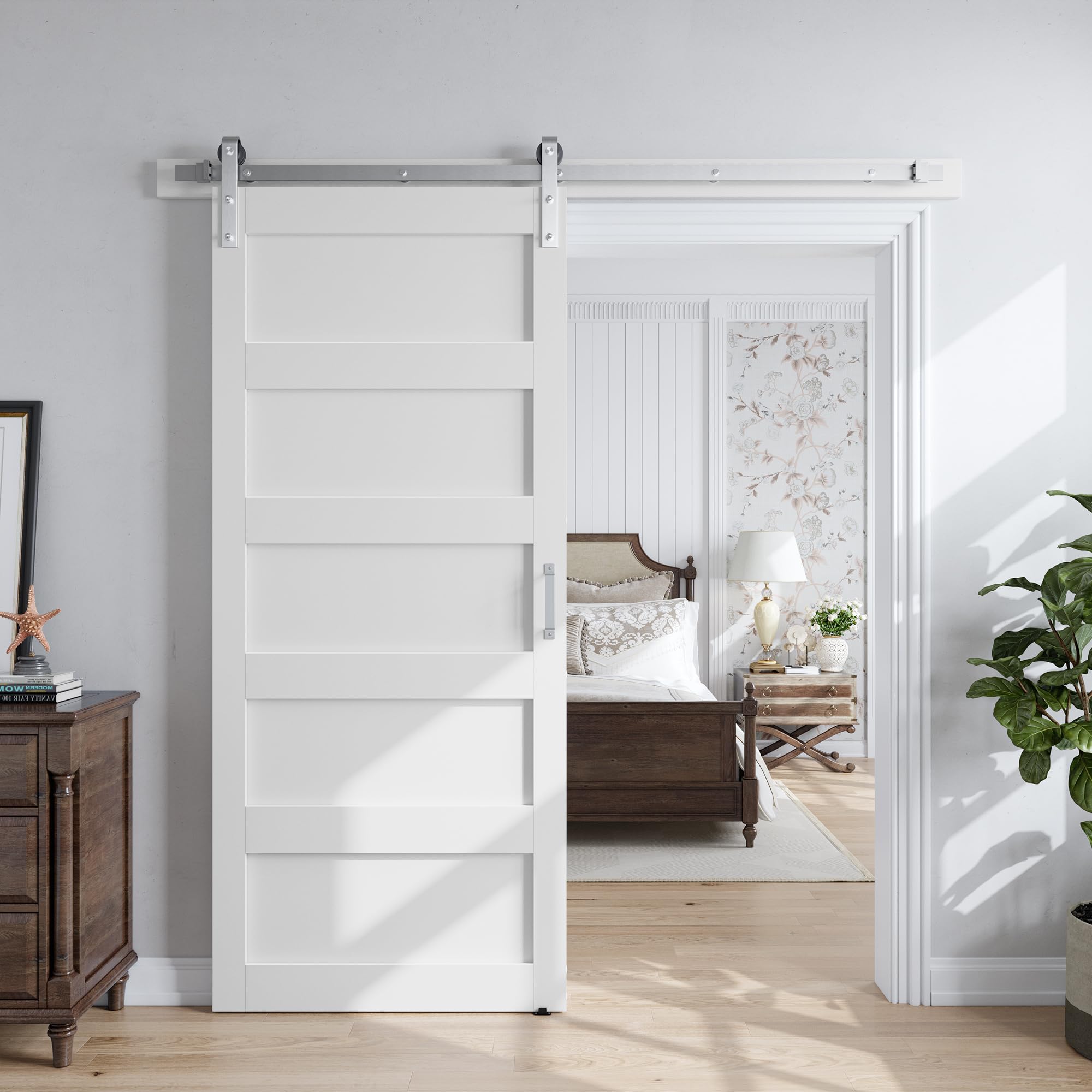 36x96 inch White Barn Door with 6.6FT Brushed Nickel Sliding Door Hardware Track Kit Included, Solid MDF Slab, Waterproof PVC Surface, 5-Panel, Suitable for Openings up to 34in x 94in