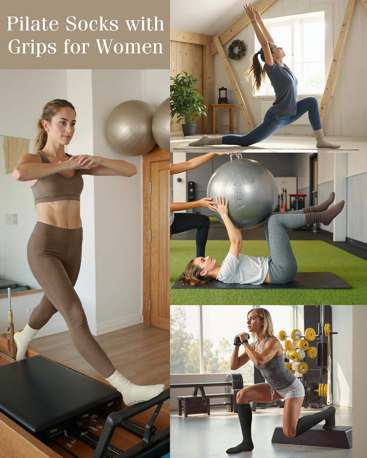 YSense 4 Pairs Pilates Socks with Grips for Women Non Slip Long Slouch Socks Yoga Grippy Sock Slouchy Barre Hospital Slipper - Image 4