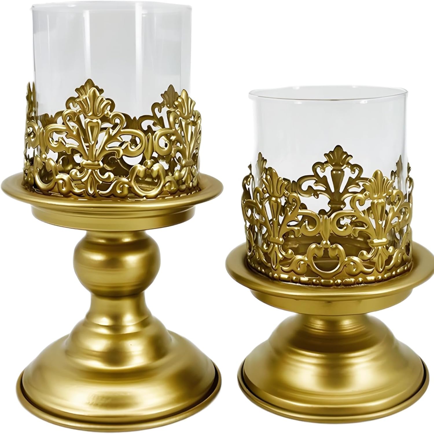 with Glass Cup, Hurricane Candle Holder, Table Centerpiece Candle Stand for Weddings and Events, Embossed, Upscale 2 Pcs Gold Candle Holders