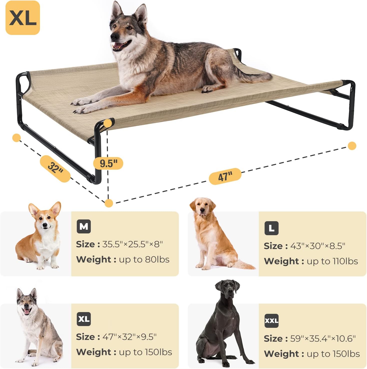 Veehoo Original Cooling Elevated Dog Bed, Outdoor Raised Dog Cots Bed for Large Dogs, Portable Standing Pet Bed with Washable Breathable Mesh, No-Slip Feet for Indoor Outdoor, X-Large, Beige Coffee