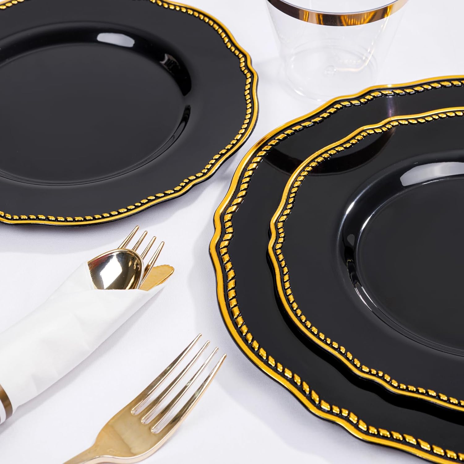 Hioasis 350pcs Black and gold Plastic Plates - Gold Plastic Dinnerware Set Includes 50 Dinner Plates, 50 Dessert Dinnerware, 50 Cups, 50 Rolled Napkin Cutlery Perfect for Wedding & Party - Image 5