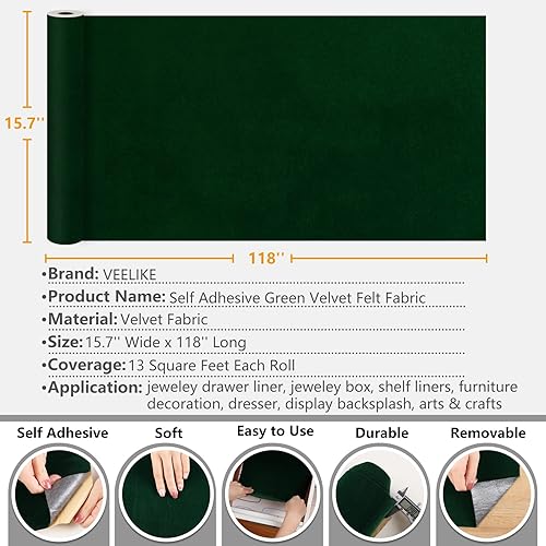 Miniatura 6 de VEELIKE Papel de contacto autoadhesivo de terciopelo verde para forro de cajones de joyas, 15.7 x 118 pulgadas, papel tapiz de tela de terciopelo