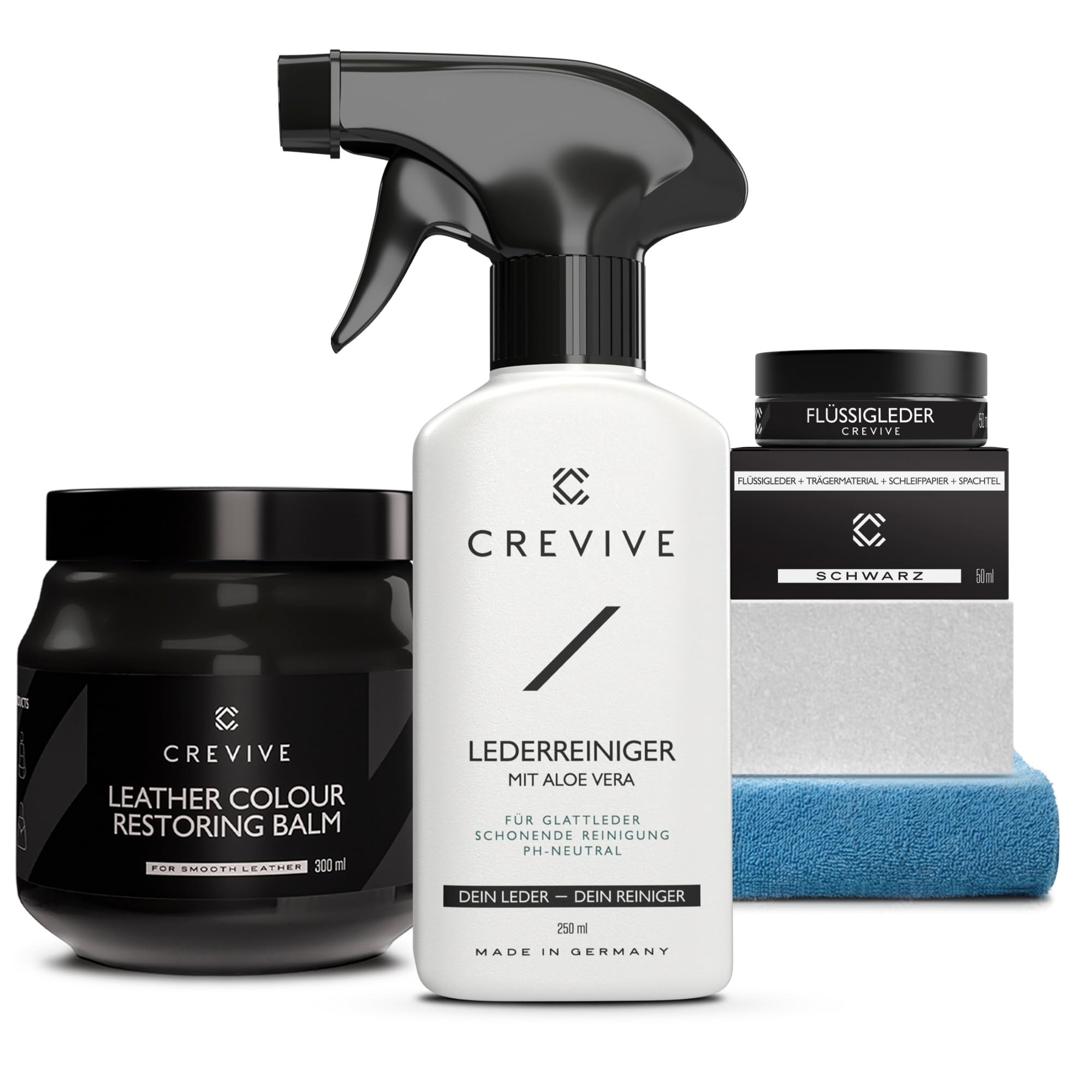 CREVIVE Flüssigleder Schwarz 50 ml, Lederreiniger 250 ml & Reperatur Balsam 300 ml - Leder Reparatur Set Schwarz - Kunstleder Reparaturset - Lederreparaturset für Sofa, Couch, Lenkrad, Autositze.