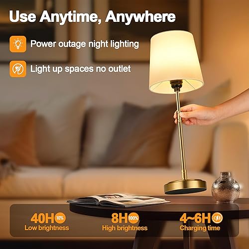 Miniatura 5 de Juego de 2 lámparas de mesa inalámbricas, funciona con pilas, con batería recargable de 7500 mAh, regulables continuas, vintage, oro cepillado,