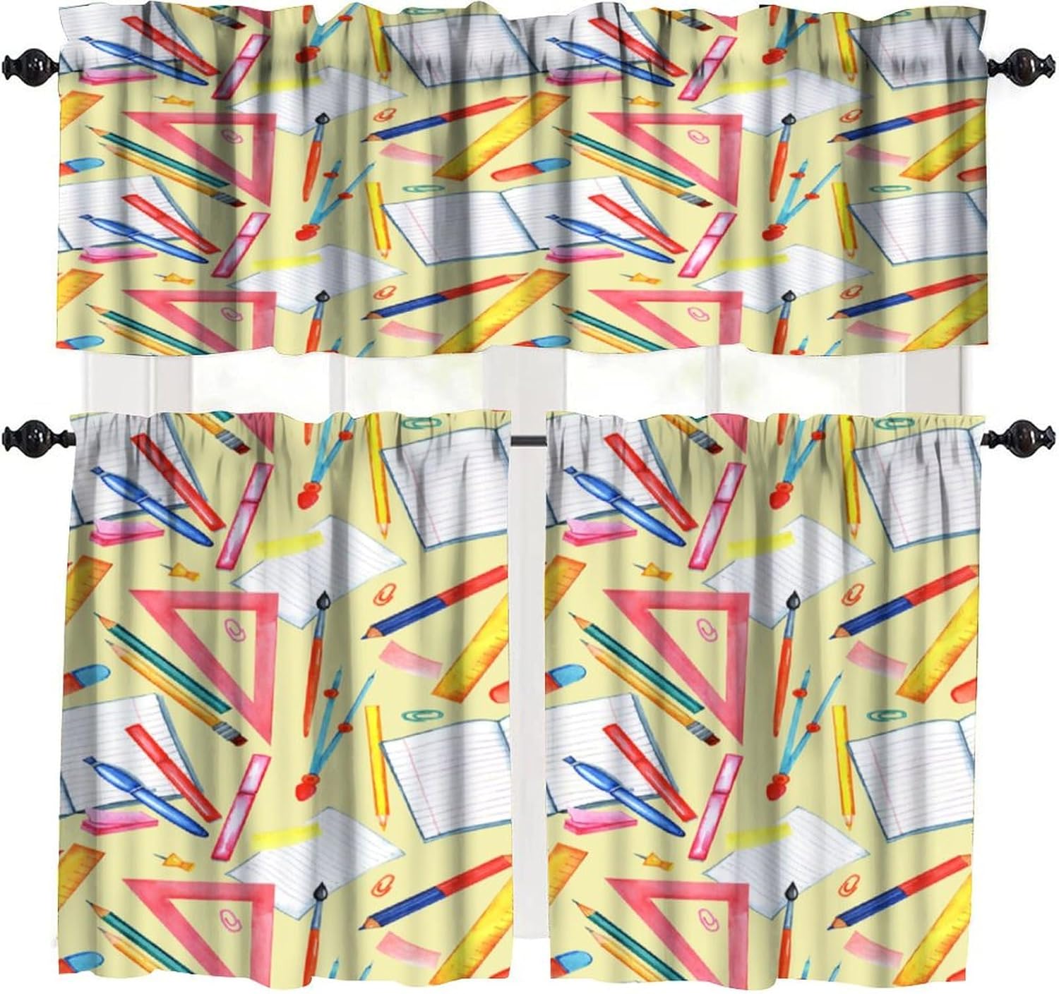 Crayon Window Valance Curtains Colorful Rainbow Pigment Pencil Pattern for Kids Room Decoration Short Curtain for Kitchen Living Room Bathroom Windows W54xL18in + W27xL24in x2 (3 Piece)