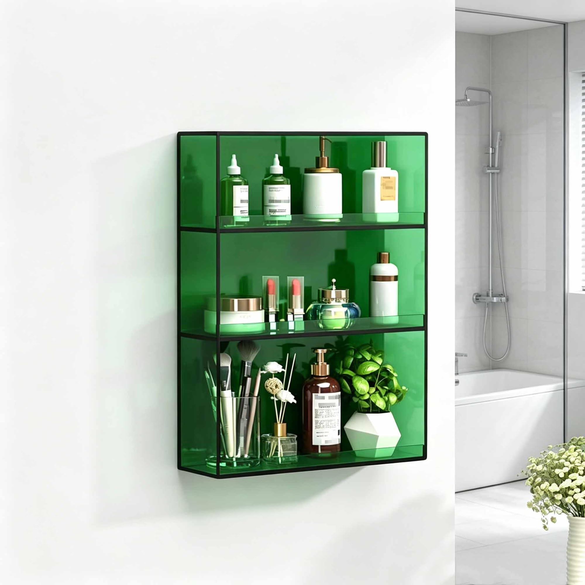 Dalumian Floating Shelves for Wall Decor, Acrylic Magazine Holder, Space-Saving Floating Shelves Wall Organizer for Perfume, Make up, Skincare(Green,3-TIER)