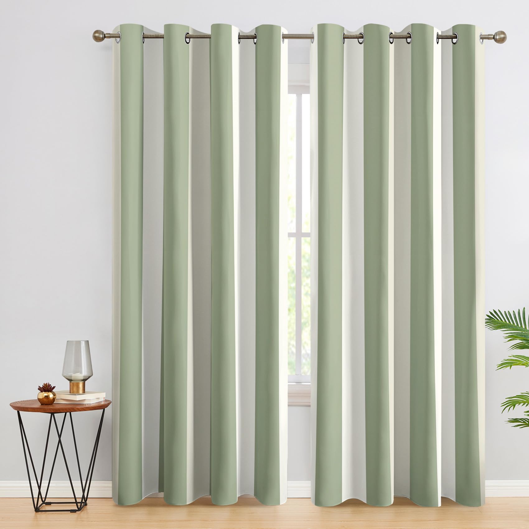 Rideau Occultant Rayures, Rideaux Motif Rayée Vert Sauge, Rideau Thermique à Oeillets, Rideau Fenetre Imprimé pour Salon Chambre, Lot de 2 Rideaux et Draperies Intérieurs, 140x220 cm