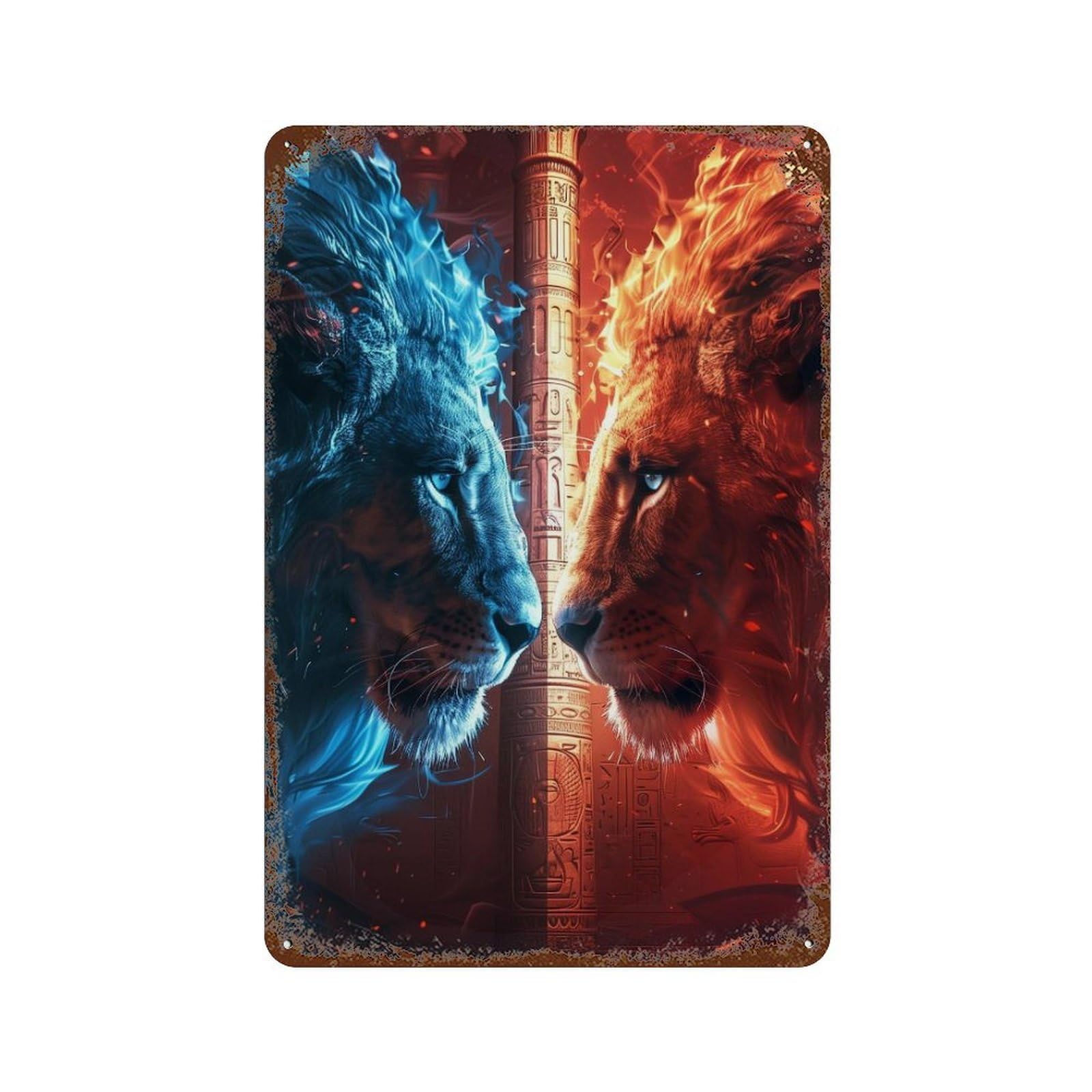 Aged Metal Wall Plaque with Blue Vs Red Lions Epic Battle Design 11.8"x7.9", for Shed, Workshop And Garage Wall Decor, Decorative Metal Wall Art