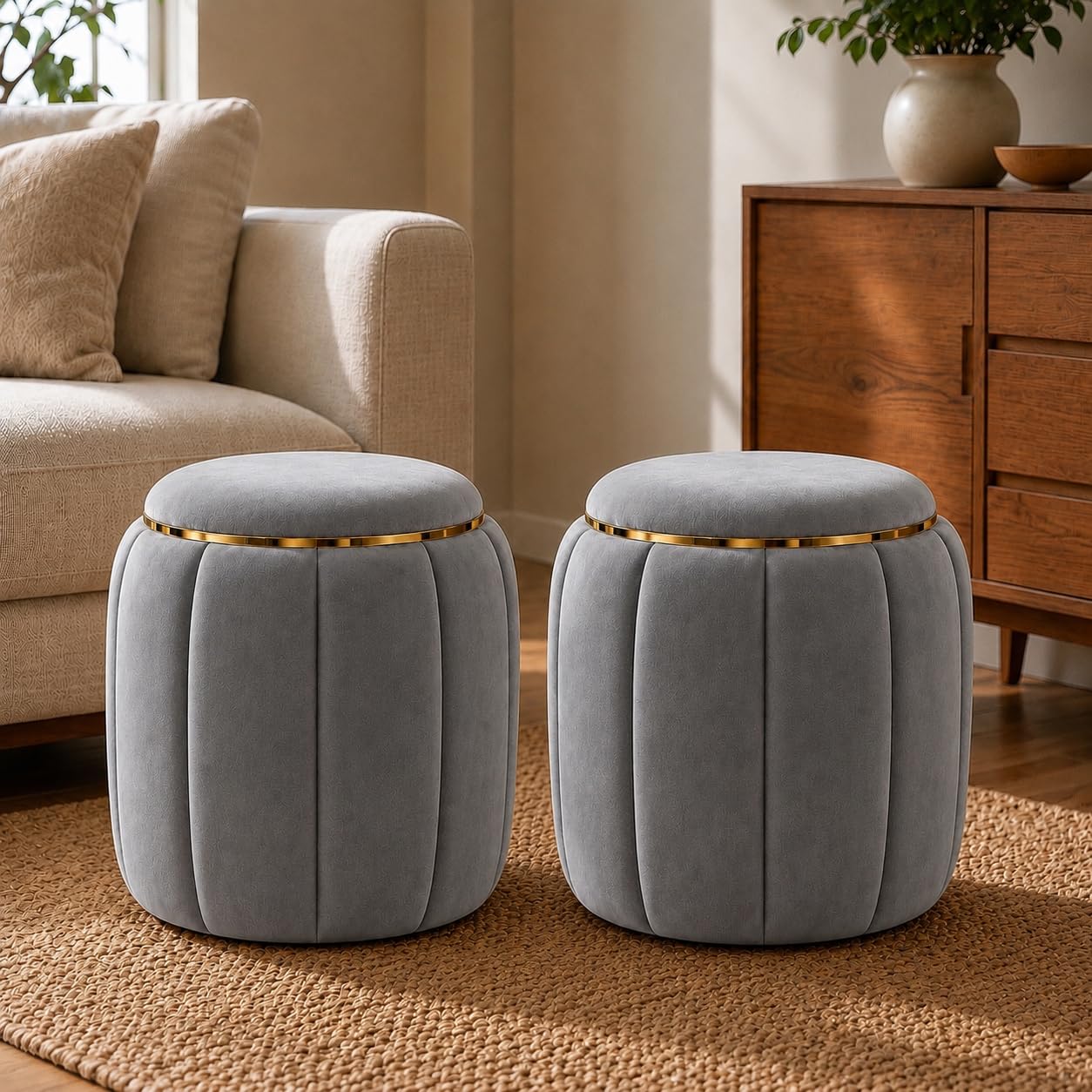 round velvet luxurious ottoman, pouf vanity stool chair,upholstered foot rest stool with gold strip for living room or bedroom (grey, set of 2)