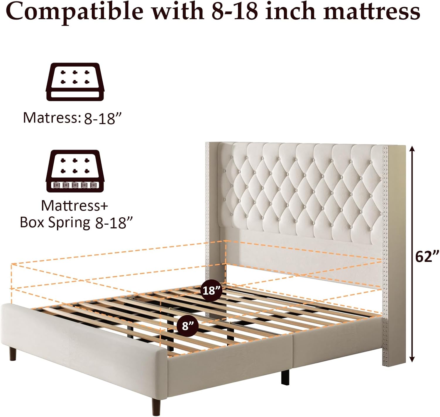 King Size Bed Frame with 62" Tall Wingback Headboard, Velvet Upholstered Platform Bed with Button Tufting & Vintage Rivets, No Box Spring Needed, Easy Assembly, Beige