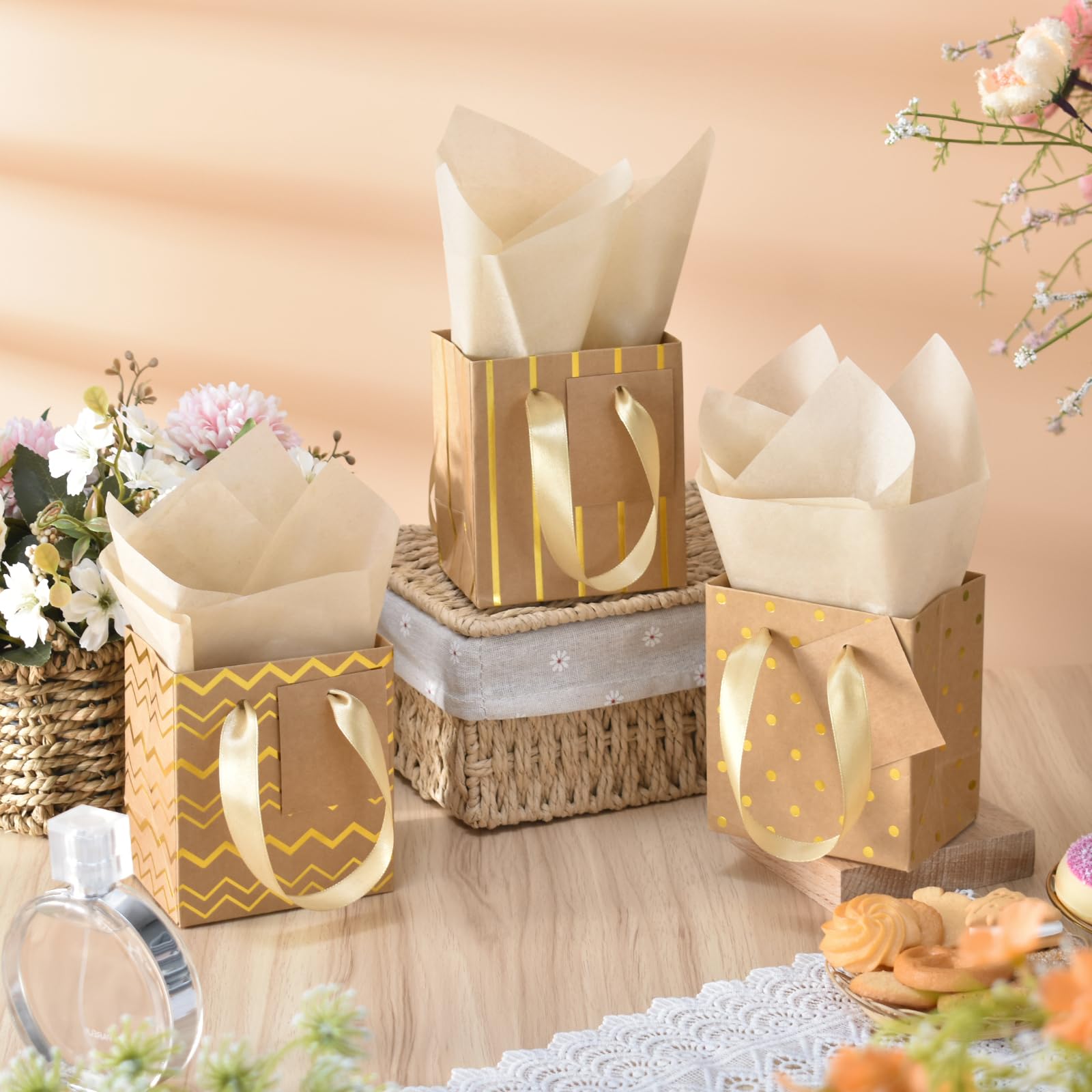 DOYIDE 30 szt. małych torebek na prezenty z uchwytami, 10 x 7 x 11 cm mini papierowe torby na prezenty, małe torby na upominki imprezowe z chusteczką i metką "Thank you" na Boże Narodzenie, walentynki