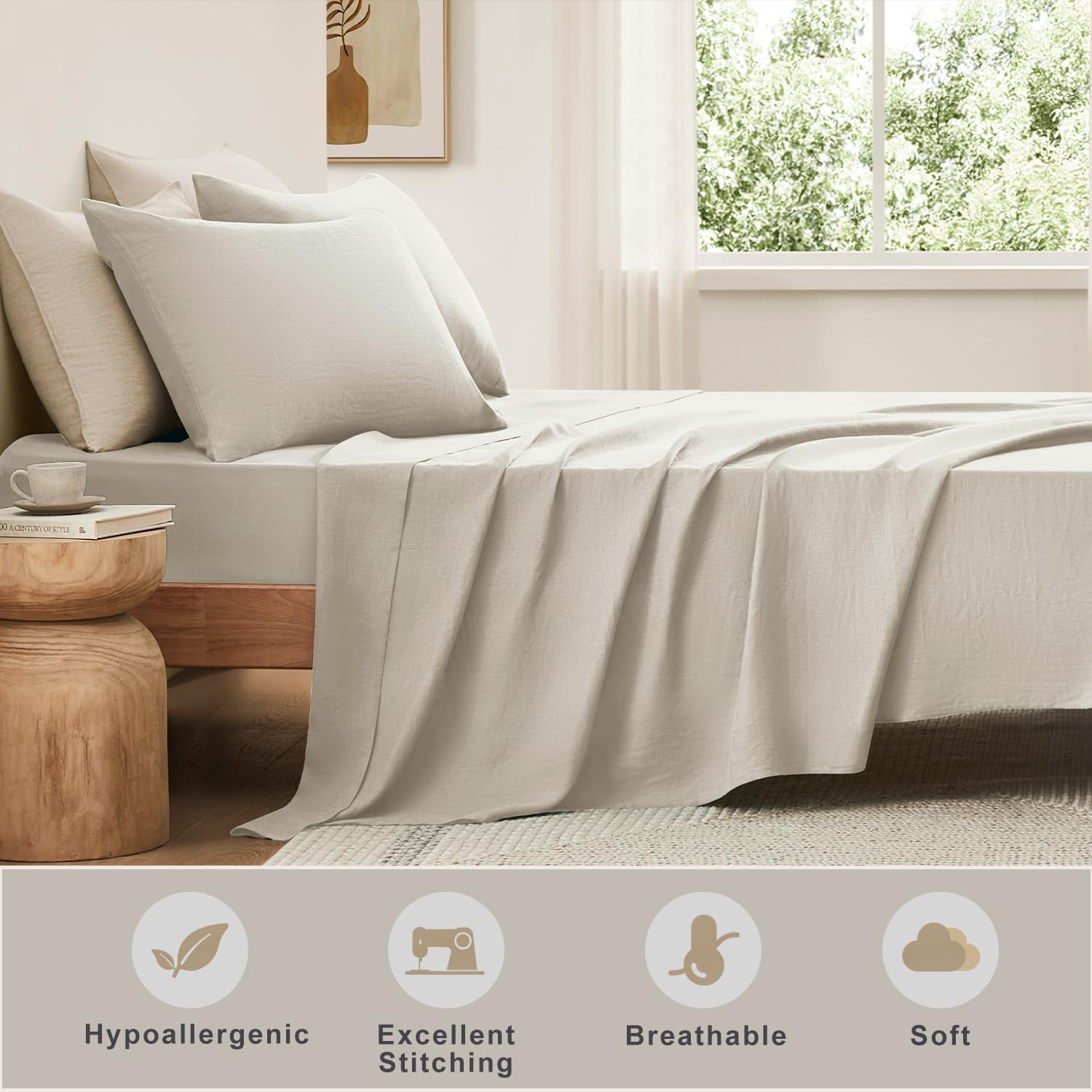 TOSMO Pure Linen Sheets Set, 100% French Natural Flax Bedding, Breathable and Durable for Hot Sleepers, 4 Pcs Set - 1 Flat Sheet, 1 Fitted Sheet, 2 Pillowcases - Natural Linen, King