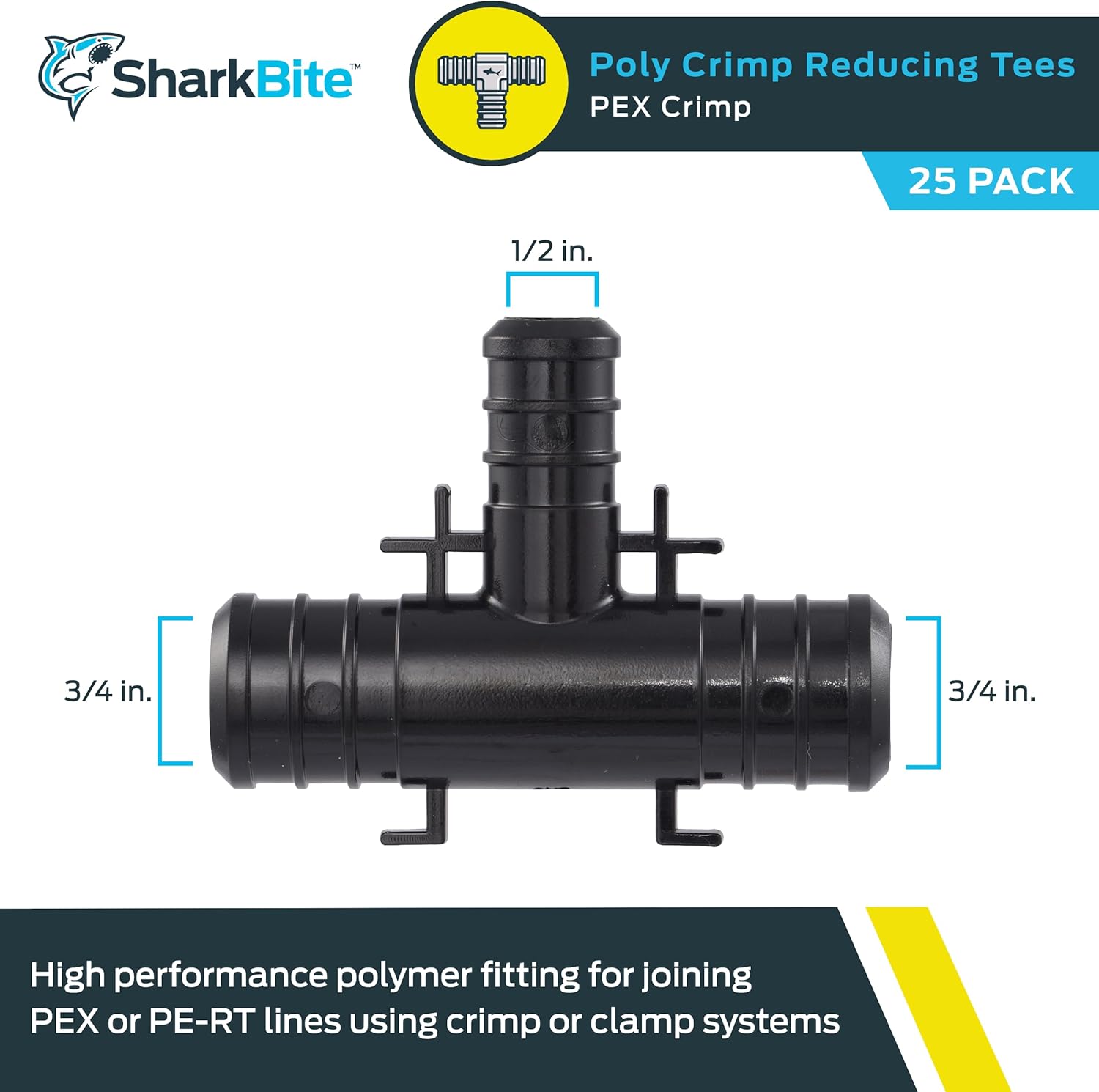 SharkBite 3/4 Inch x 3/4 Inch x 1/2 Inch Poly Crimp Reducing Tee, Pack of 25, PEX Pipe, PE-RT, UP412