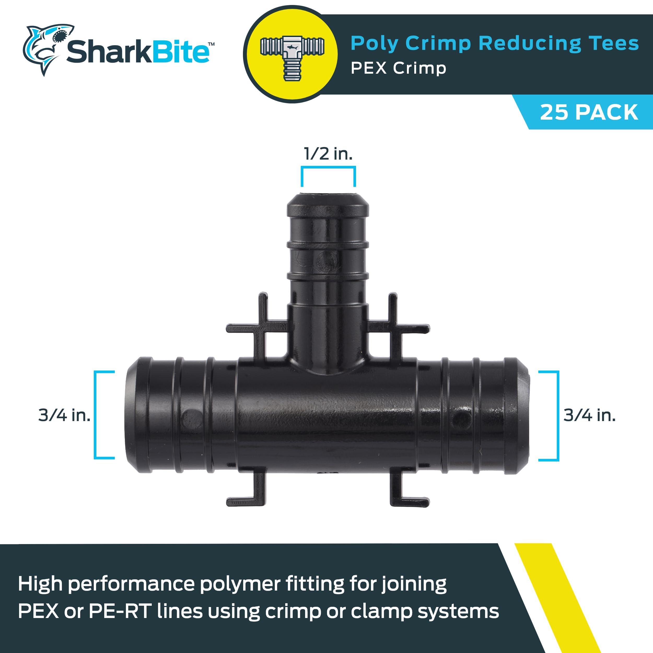 SharkBite Camiseta reductora de crimpado de polietileno de 3/4 x 3/4 x 1/2 pulgadas, paquete de 25, tubo PEX, PE-RT, UP412
