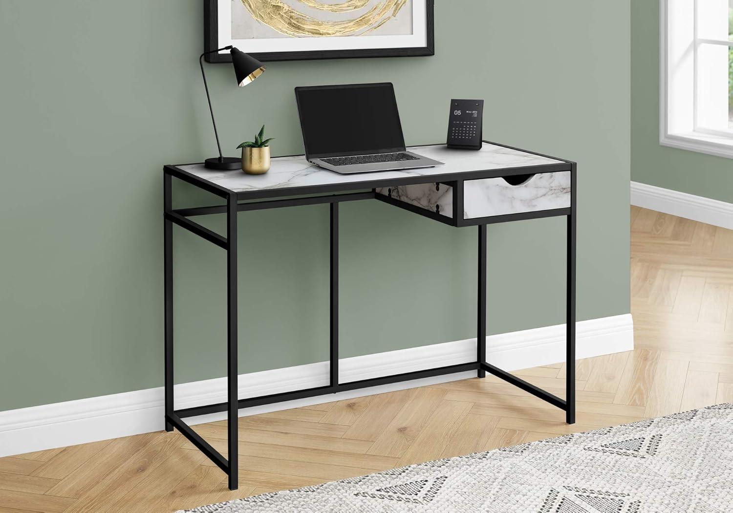 Monarch Specialties I 7571 Computer Desk, Home Office, Laptop, Storage Drawer, 42" L, Work, Metal, Laminate, White Marble Look, Black, Contemporary, Modern