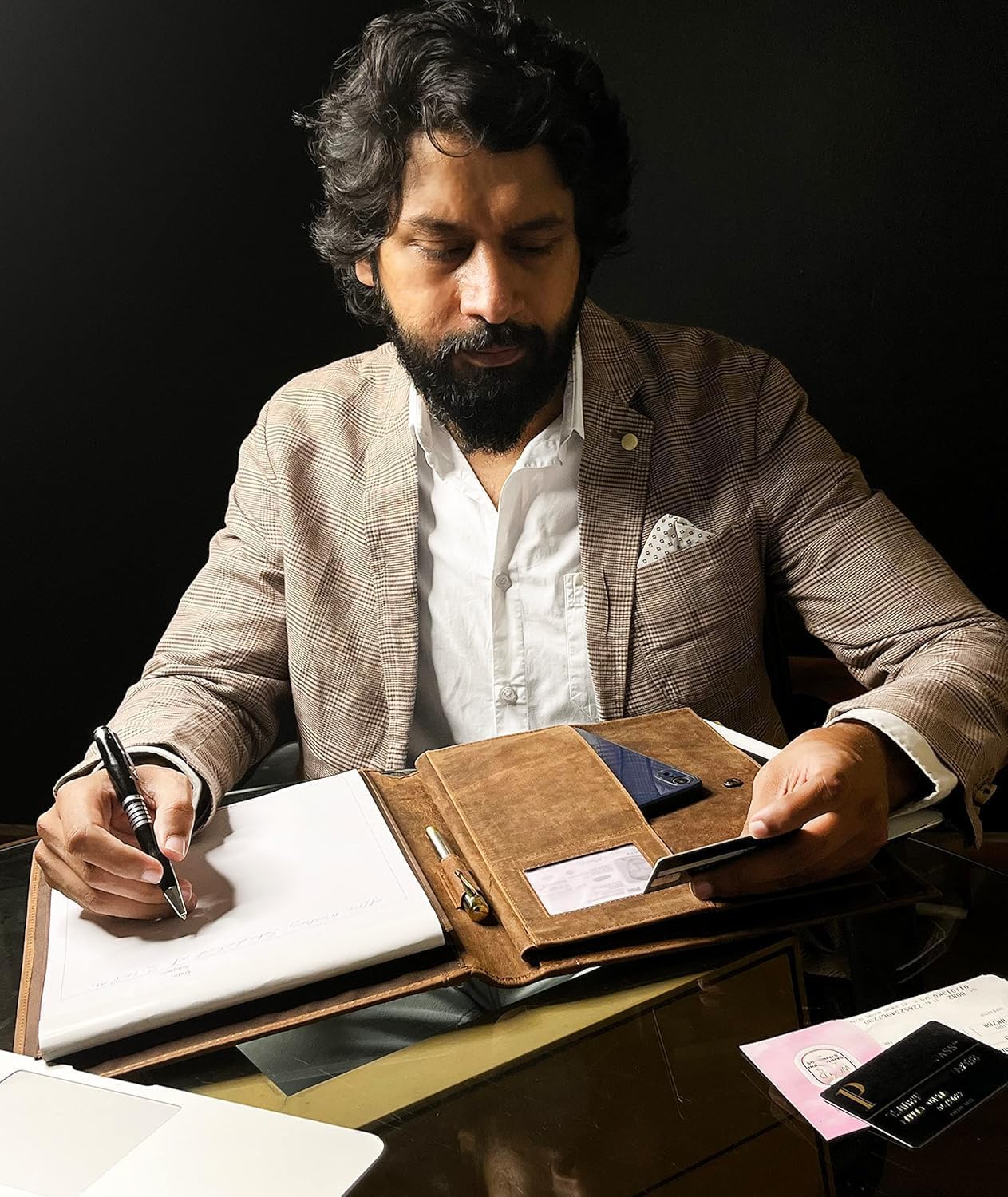 Leather A4 Conference Folder | Professional Organizer for Men and Women | Handmade Durable Leather Portfolio with Sleeves for Documents and Notepad by Rustic Town (Brown) - Image 2