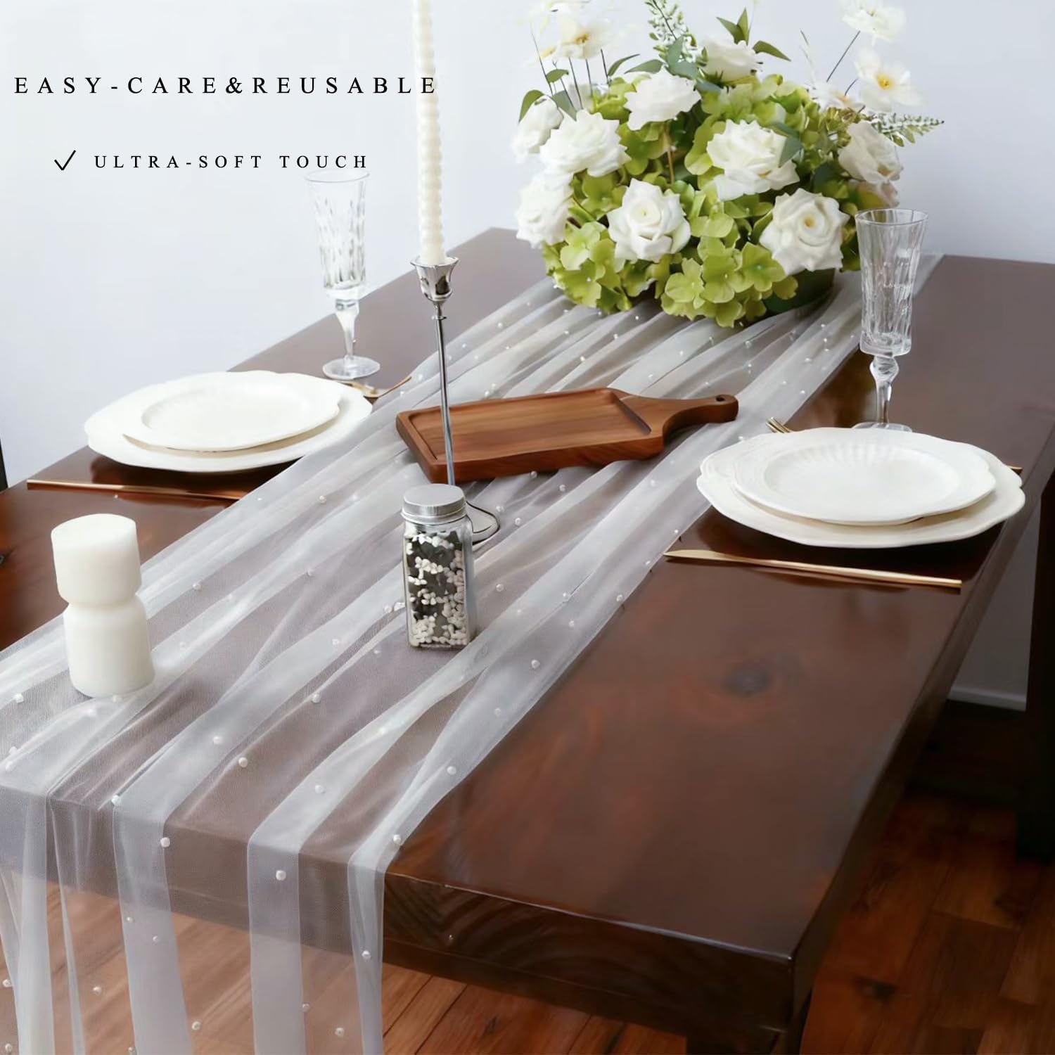 Set of 6 Pearl Table Runner 10ft, 29 * 120 Inch White Table Cloth Pearl Sheer Tulle Table Cover,Pearl Table Runner for Wedding Party Baby Shower Birthday Home Decor
