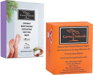 karma organic Nail Polish Remover Wipes & Foot Peel Mask Bundle – Coconut Foot Peel Mask (2 Pack) and Orange Blossom Nail Polish Remover Wipes (Pack of 10)