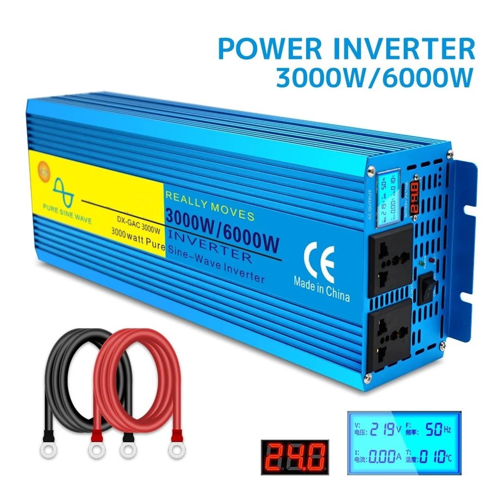 Inversor Corriente 3000 W/6000 W CC 12 V/24 V con Control Remoto para Frigorífico 220 V/230 V 50 Hz/60 Hz Pantalla LED Onda Sinusoidal Pura(12V,220V 60Hz Universal,6000W LED)