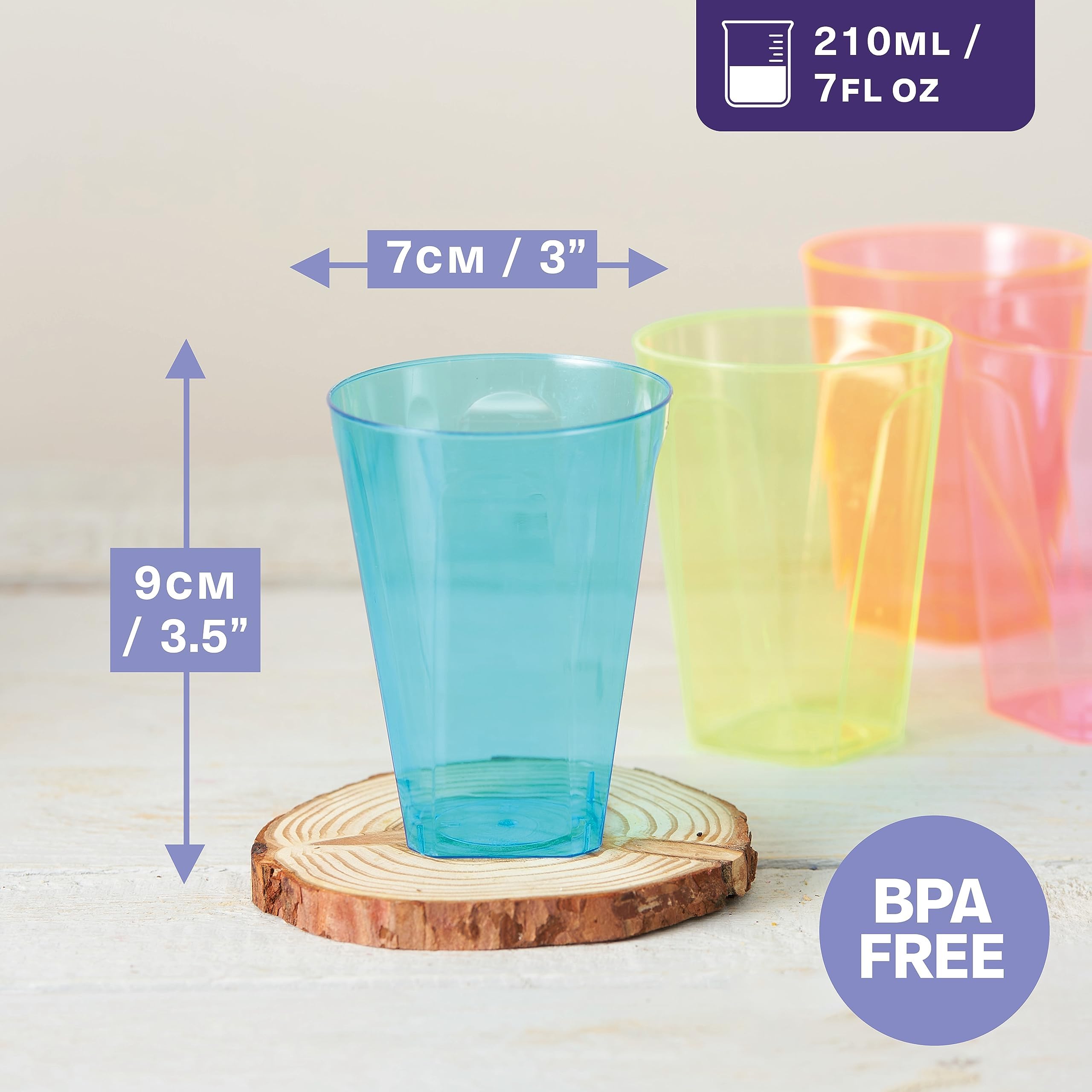 MATANA 240 Bunte Hartplastik Partybecher, 210ml - Neon Becher Schwarzlicht - Mehrweg Plastikbecher, Kunststoffbecher, Trinkbecher, Cocktailbecher für Geburtstage, Kinderfeste, Hochzeiten, Partys