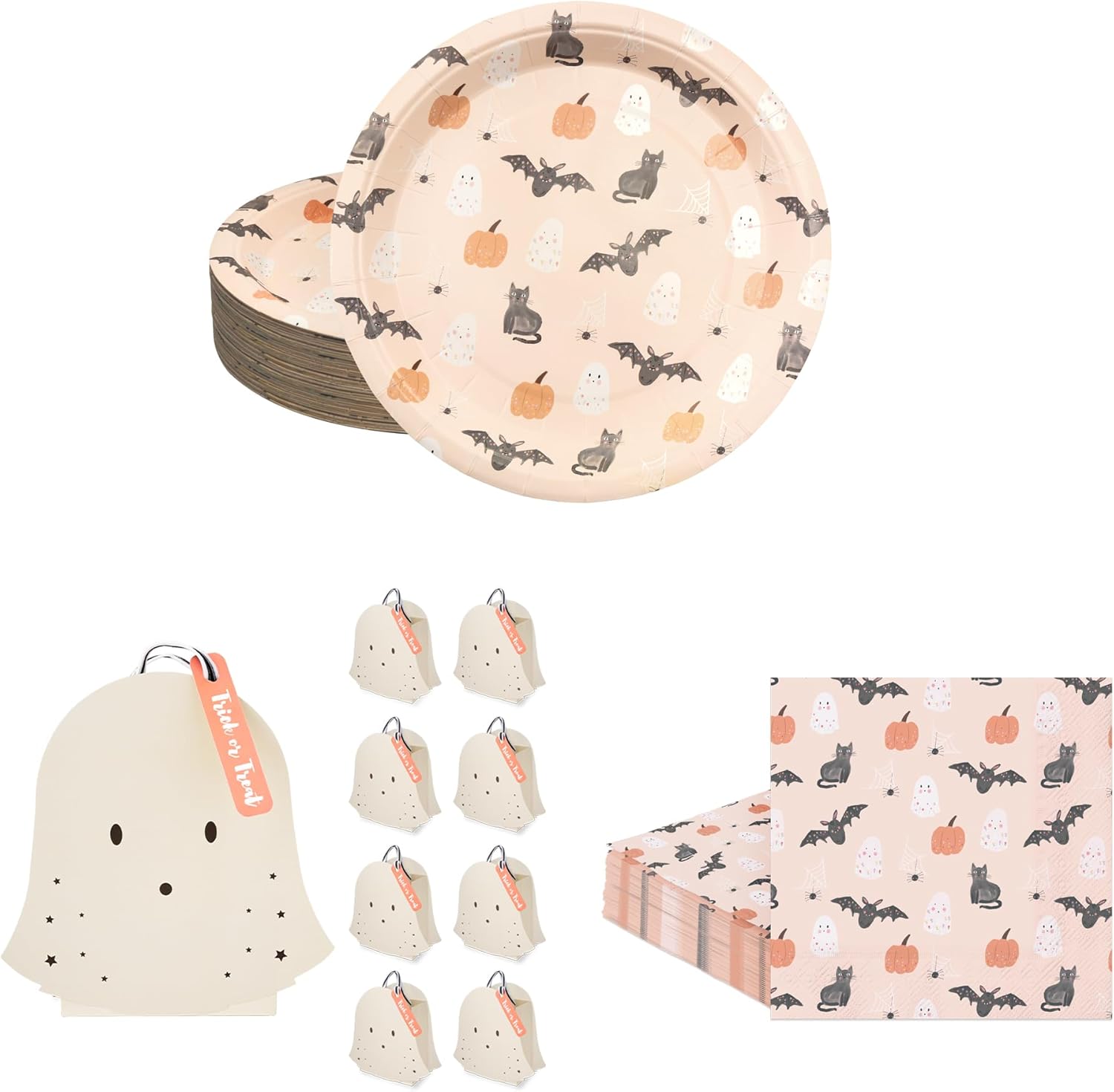 Cheerland Halloween Party Ghost Bags With Pastel Paper Plates And Fabric Napkins And Cute Pumpkin Ghost Black Cat Bat for Theme Birthday Halloween Party Decorations Supplies