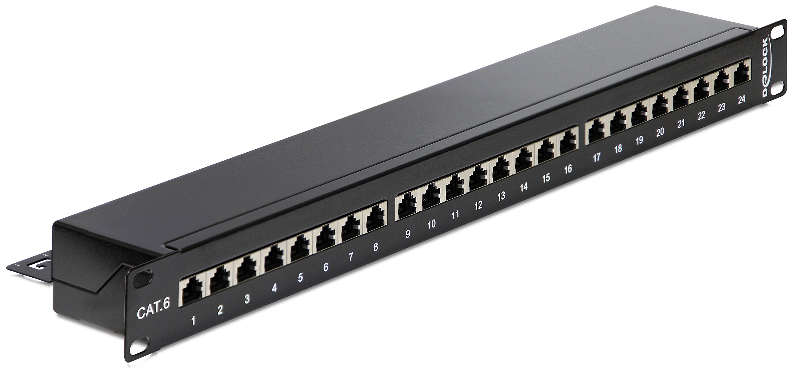 DeLOCK 43298 1U Panel de Conexiones - Bahía de parcheo (Cat.6, RJ45, Negro, 1U, 483 mm, 44 mm)