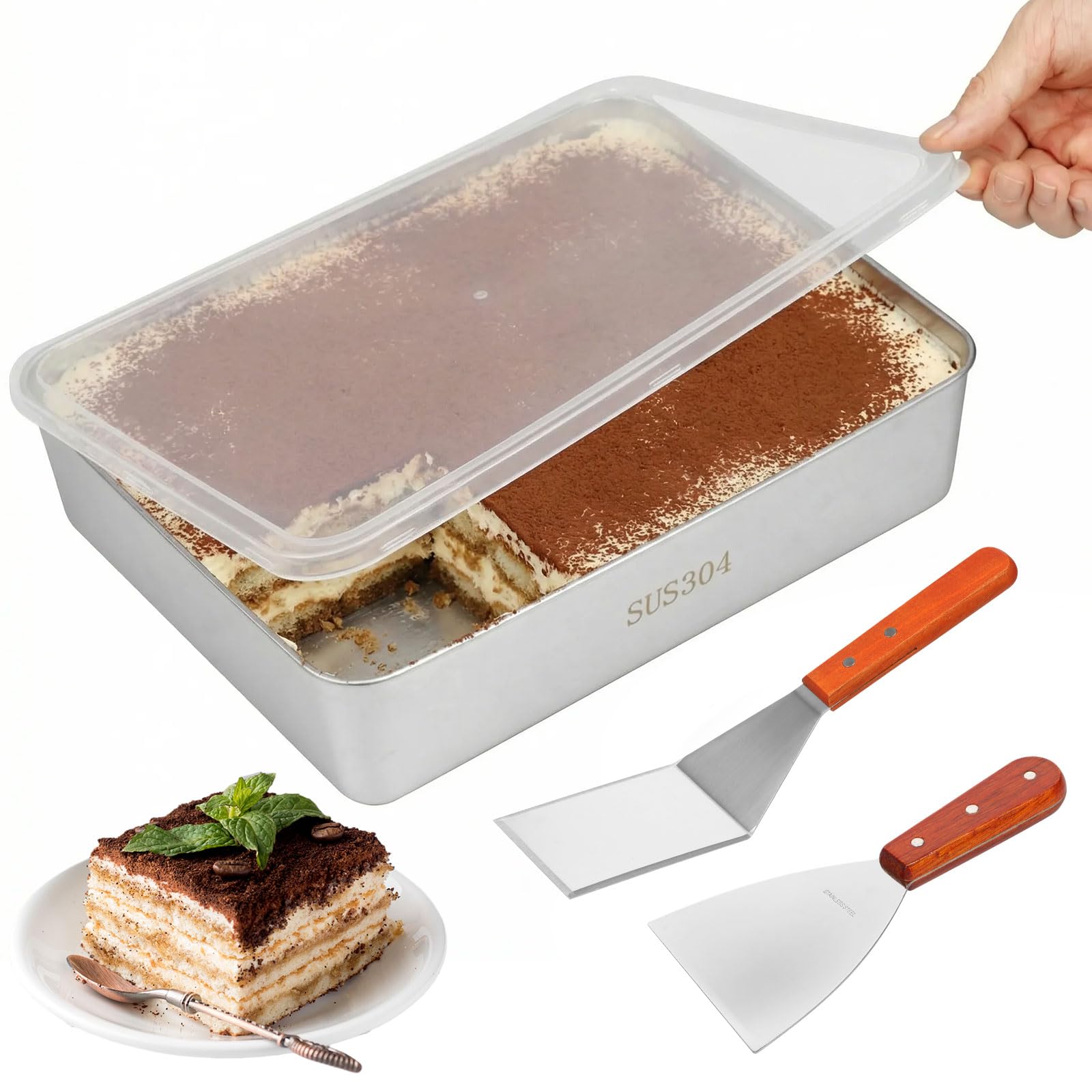 Kuanght Tiramisu Pan with Clear Lid, Nonstick Stainless Steel Baking Tin with 2 Spatulas, Rectangle Cake Mold Heat Resistant Cake Baking Tray for Tiramisu, Cheesecake, Mousse and Dessert