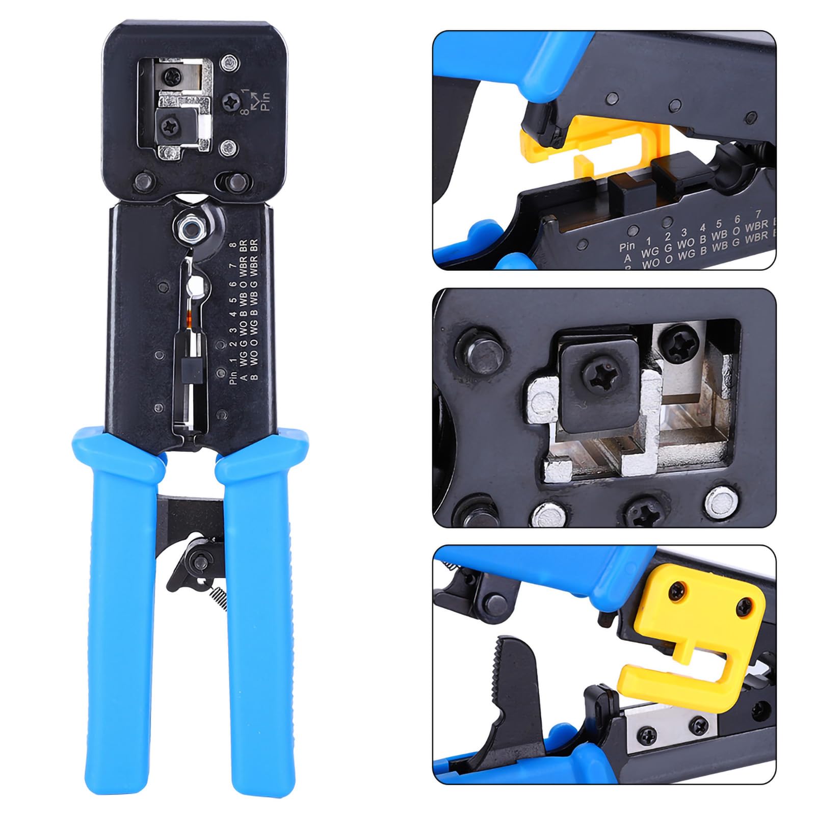 Crimpatrice per cavi di rete multifunzionale, spelafili e pinza a crimpare per connettori RJ45 e RJ11 a 4P, 6P, 8P con impugnatura ergonomica antiscivolo