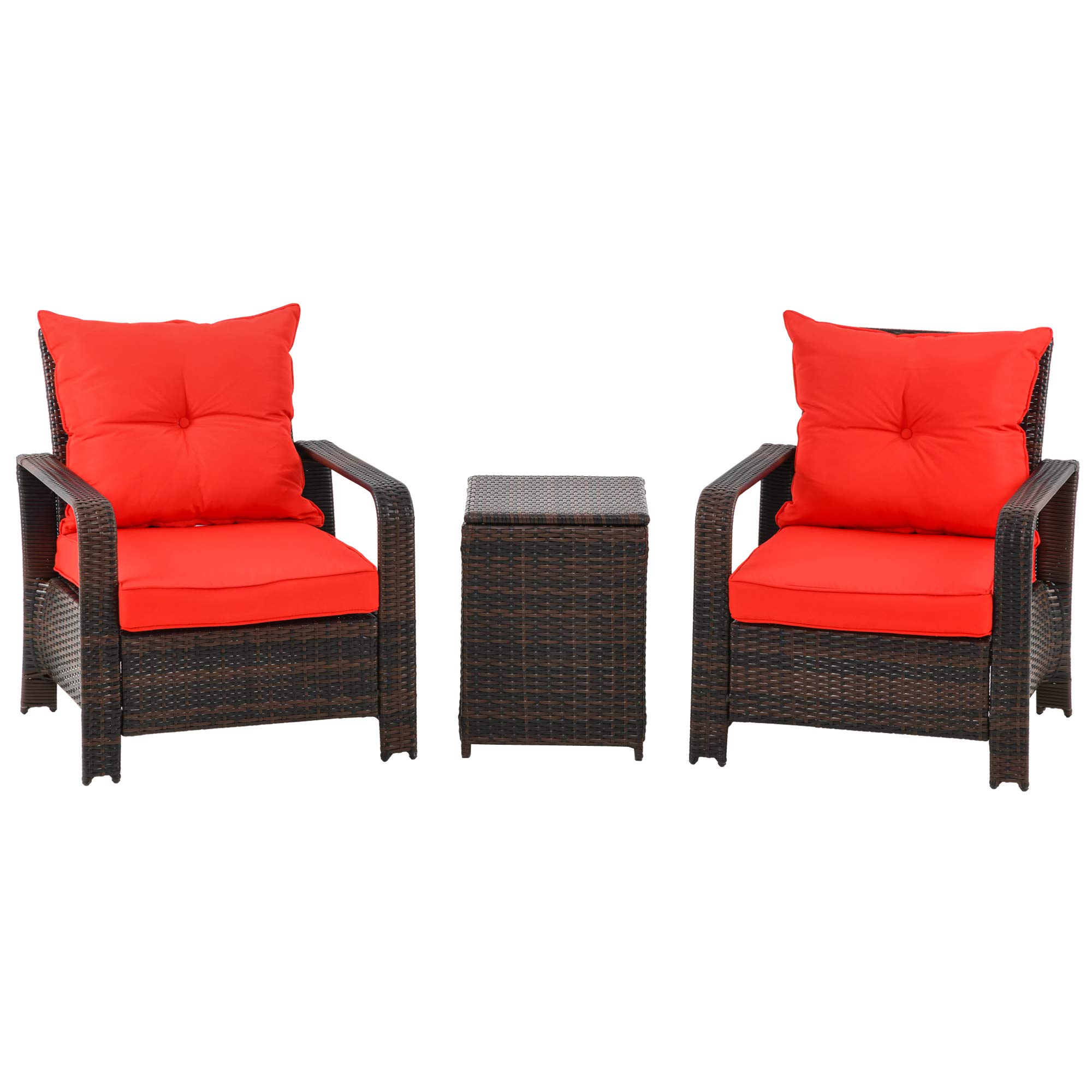 Outsunny 3 PCS Rattan Wicker Bistro Set with Storage Table, Patio Furniture Set Outdoor Sofa Set with Washable Cushion, Coversation Set for Garden Balcony Porch, Red